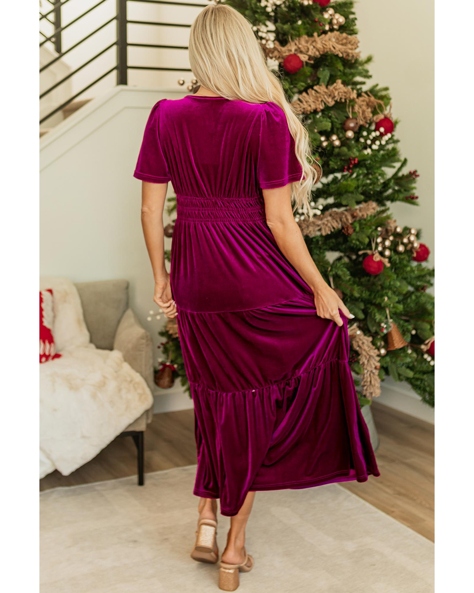 Red Dahlia Velvet Short Sleeve Shirred Waist Tiered Maxi Dress - L
