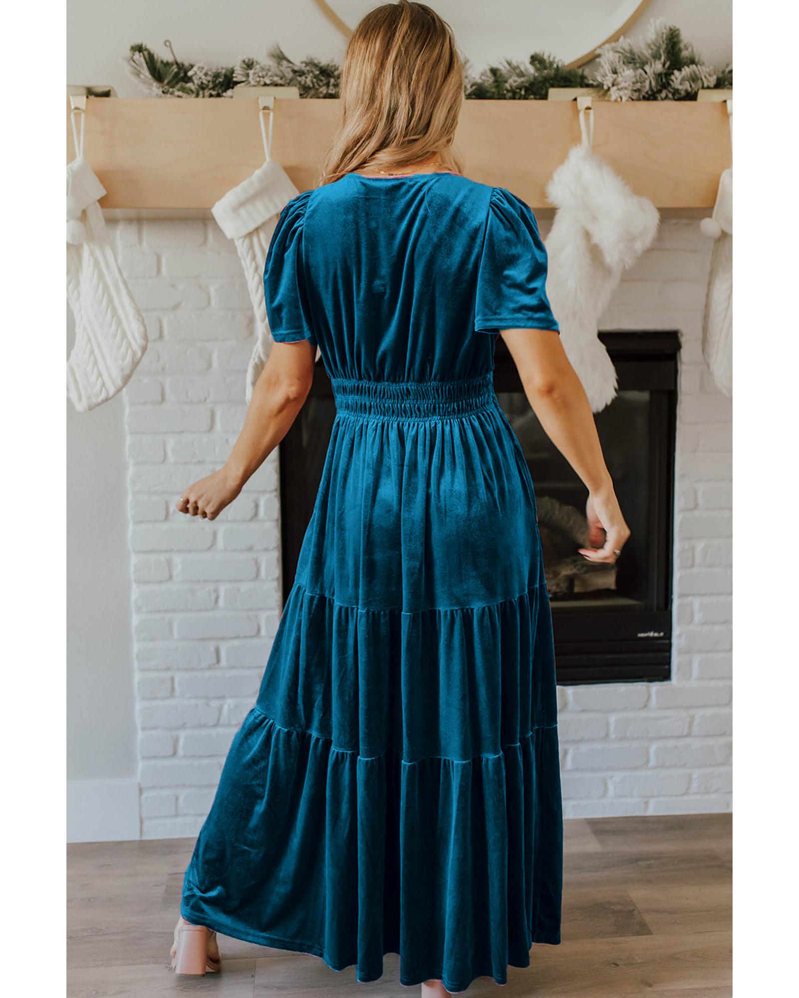 Prussian Blue Velvet Short Sleeve Shirred Waist Tiered Maxi Dress - XL