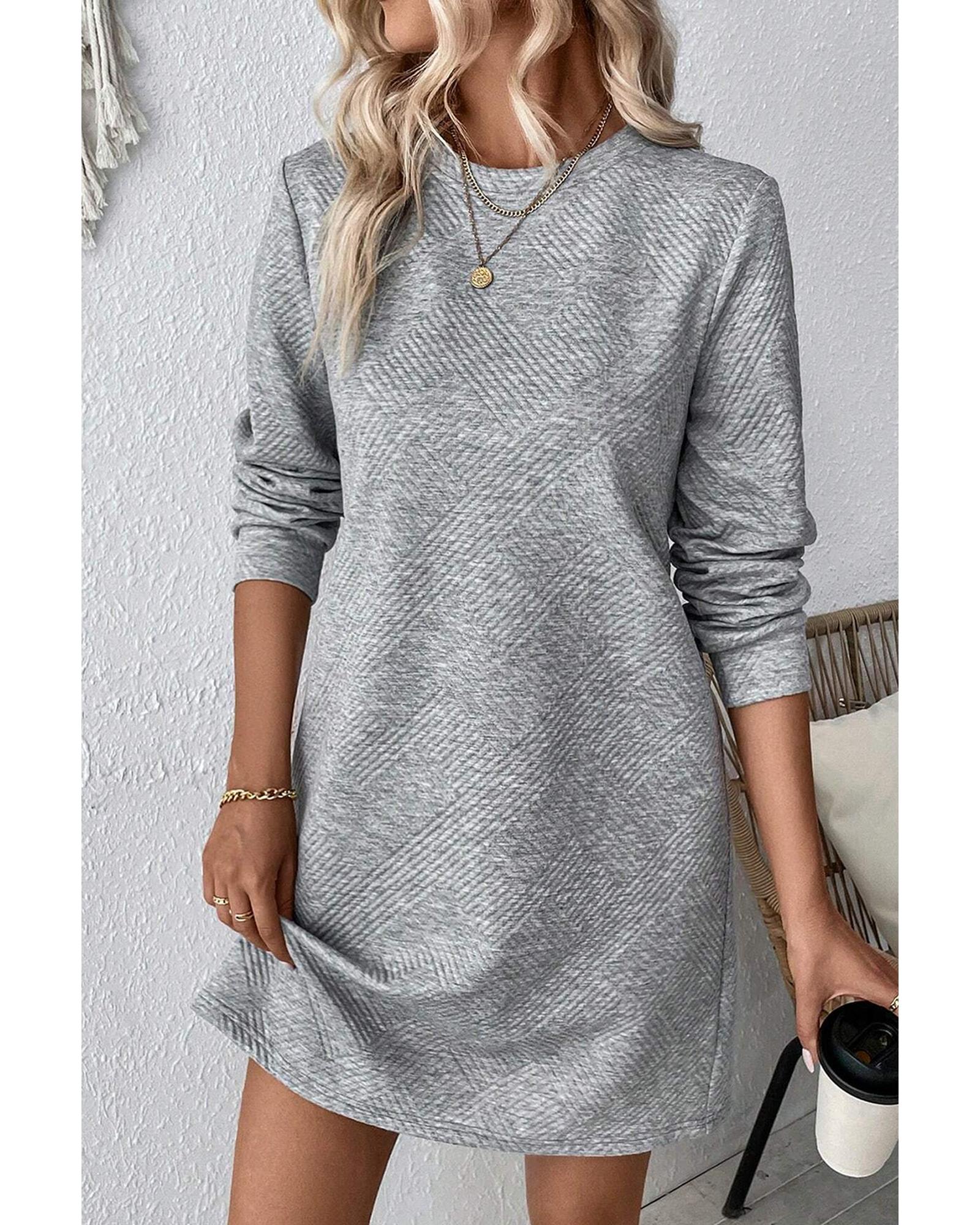 Gray Solid Color Textured Long Sleeve Shift Dress - L