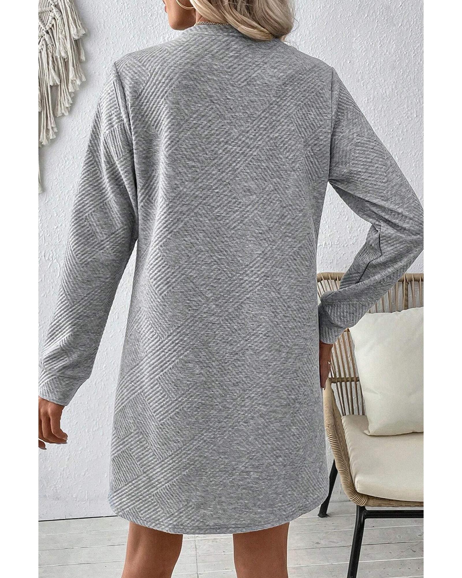 Gray Solid Color Textured Long Sleeve Shift Dress - XL