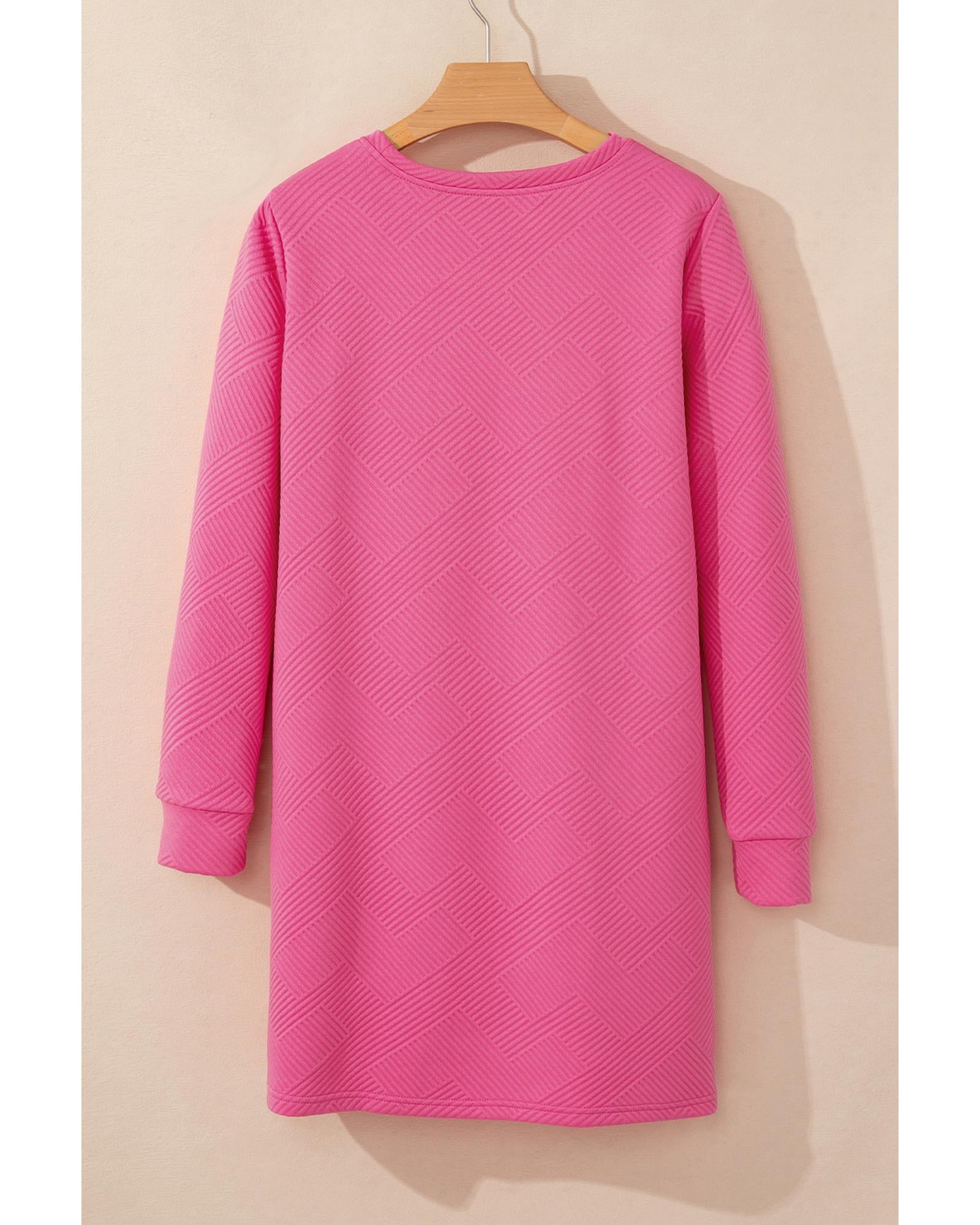 Rose Red Solid Color Textured Long Sleeve Shift Dress - L