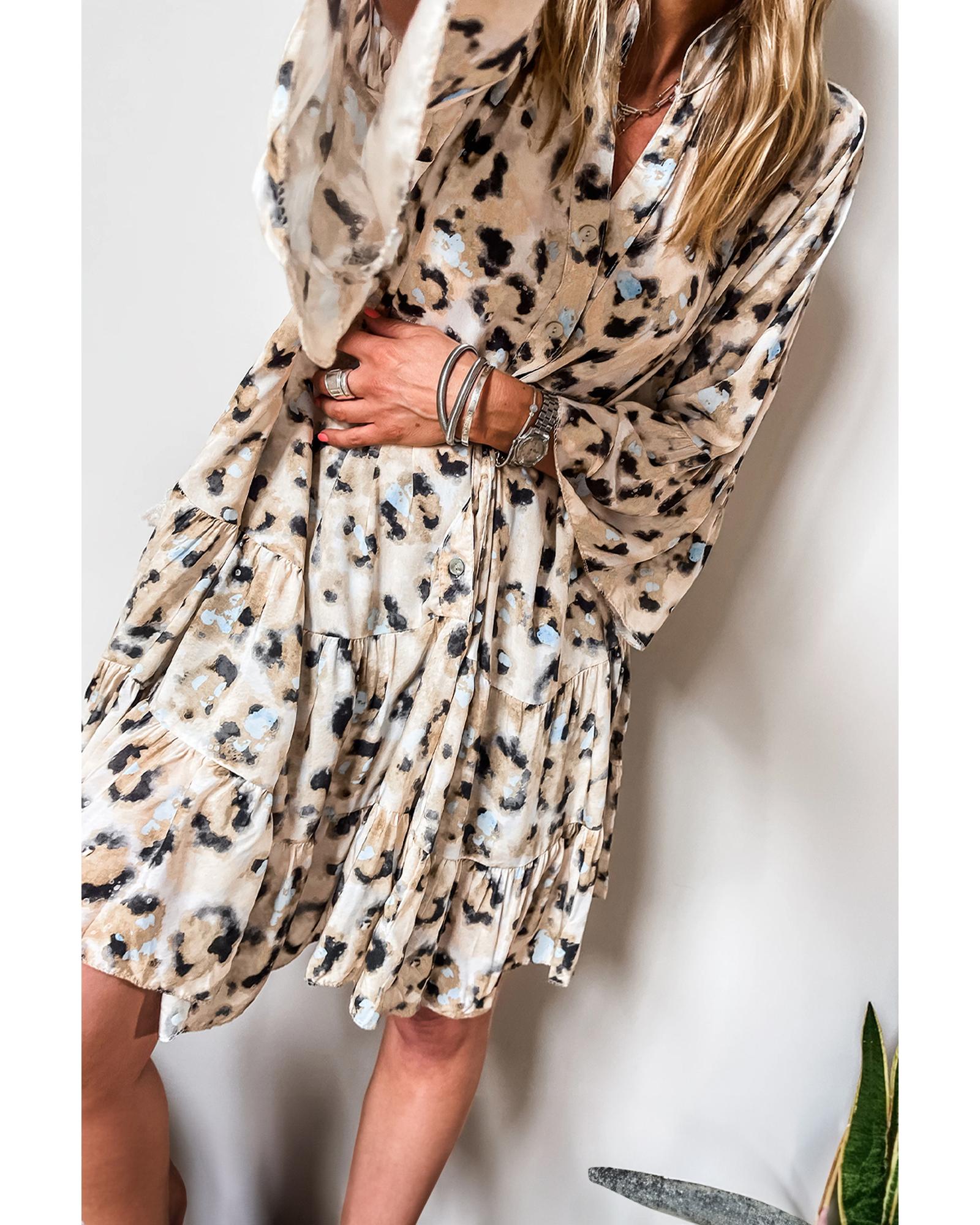 Khaki Leopard Print Buttoned Front 3/4 Sleeve Tiered Ruffled Hem Dress - 2XL