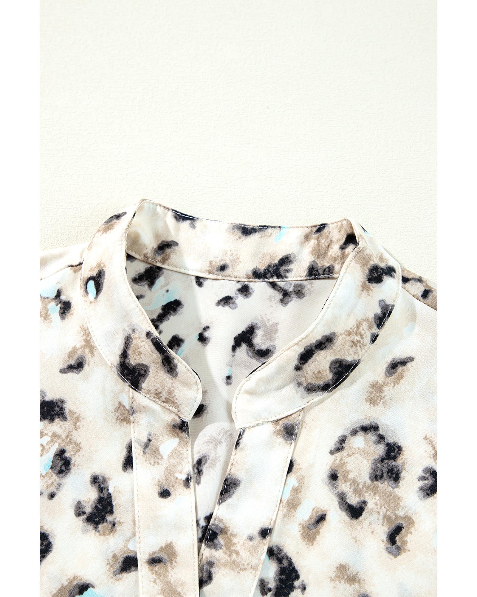 Khaki Leopard Print Buttoned Front 3/4 Sleeve Tiered Ruffled Hem Dress - M