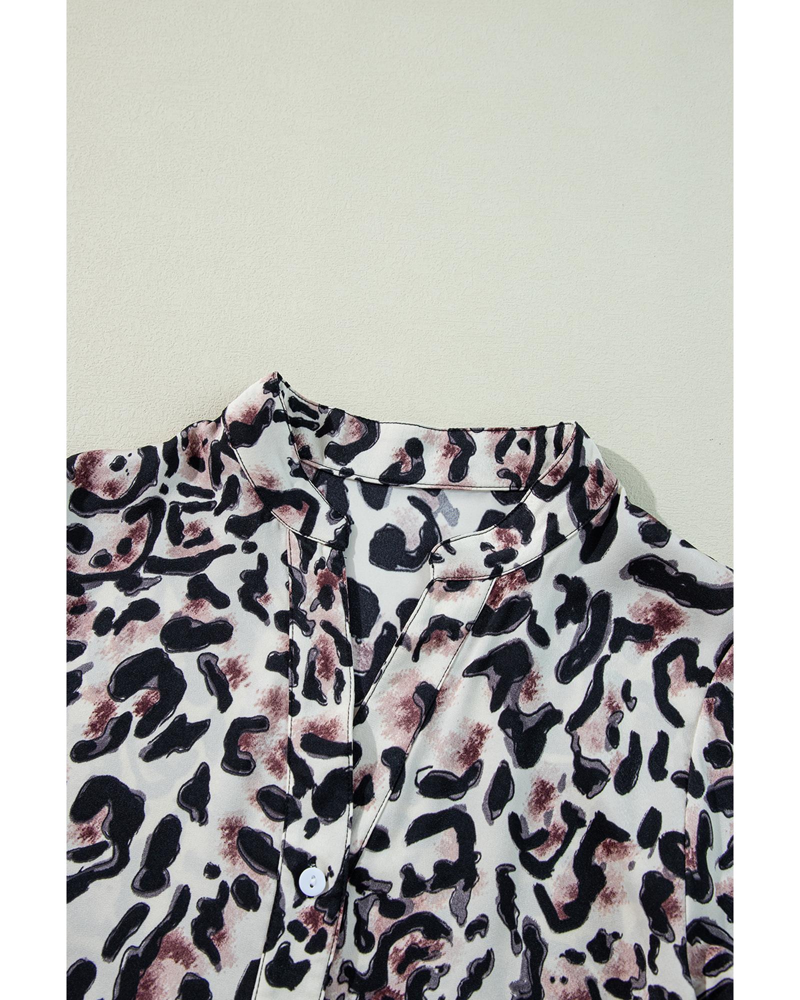 Black Leopard Print Buttoned Front 3/4 Sleeve Tiered Ruffled Hem Dress - M