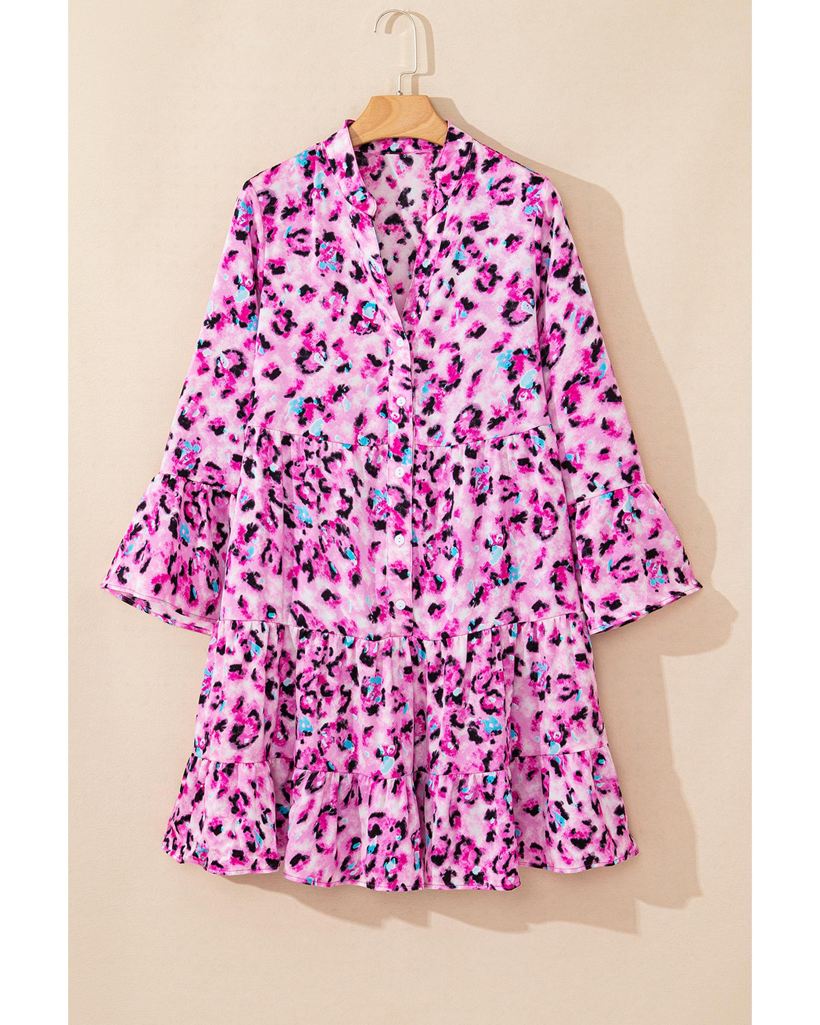 Rose Leopard Print Buttoned Front 3/4 Sleeve Tiered Ruffled Hem Dress - XL