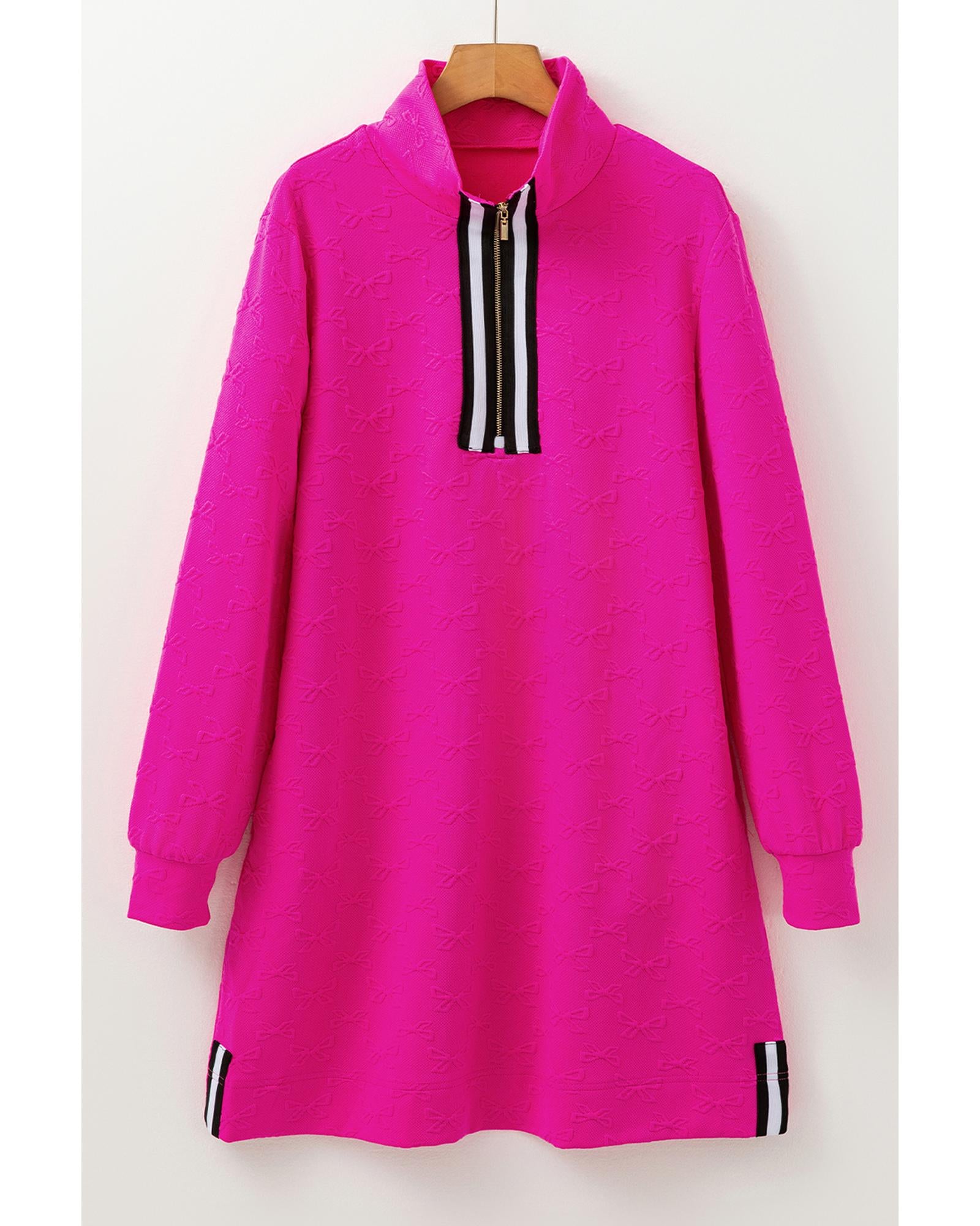 Rose Red Jacquard Textured Quarter Zipper Shift Mini Dress - S