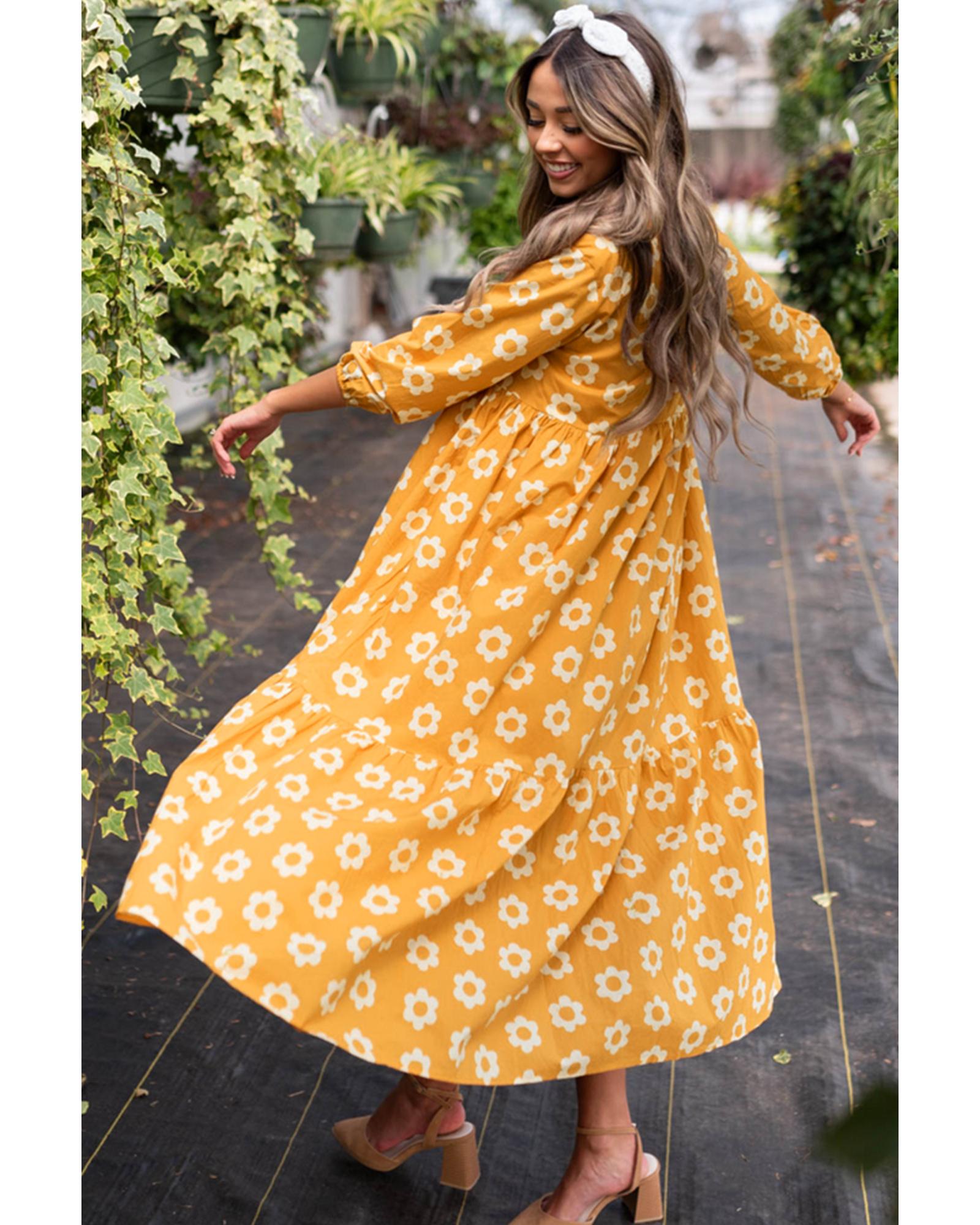 Yellow Flower Print Bracelet Sleeve Buttons Collared Maxi Dress - L