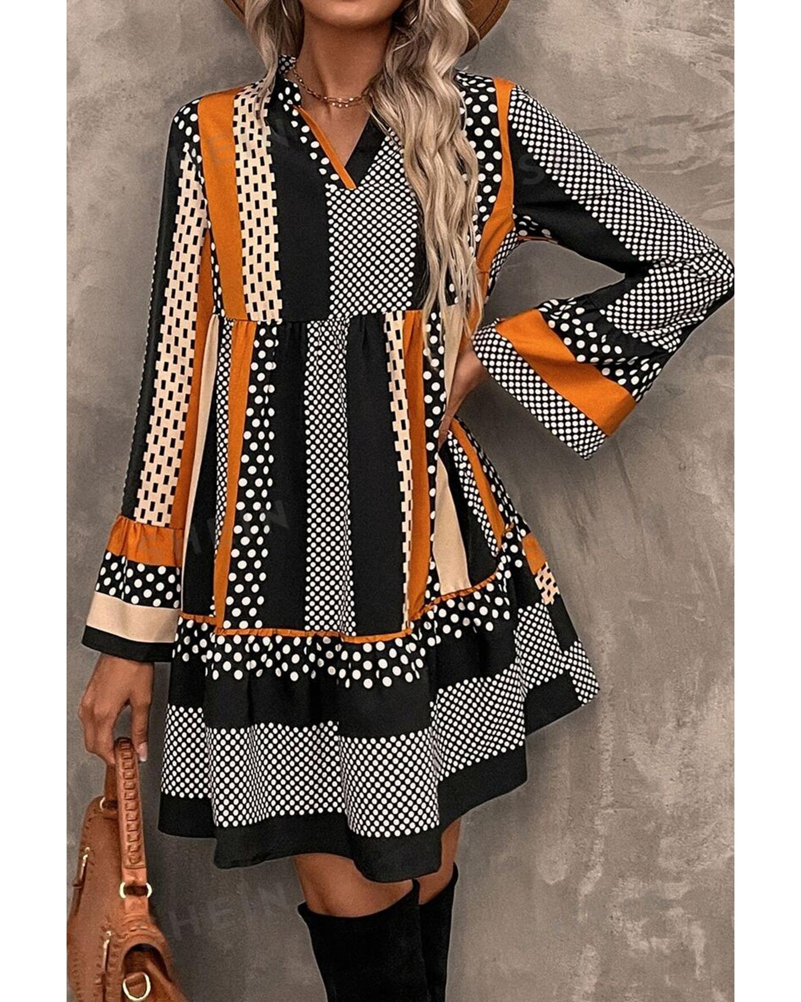 Black Striped Polka Dot Print Ruffled Hem V Neck Mini Dress - M