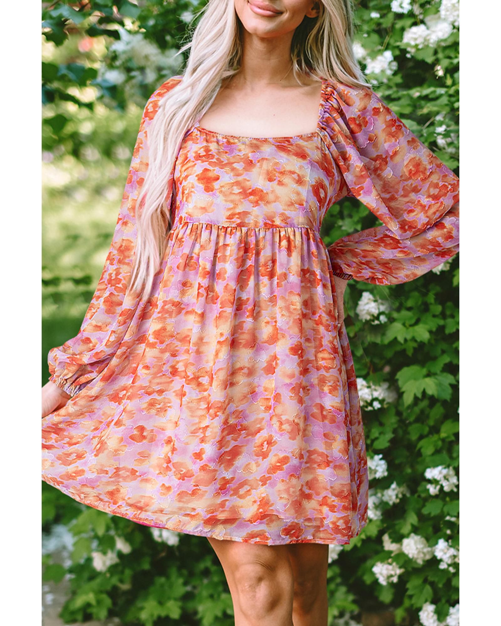 Rose Floral Print Square Neck High Waist Mini Dress - L