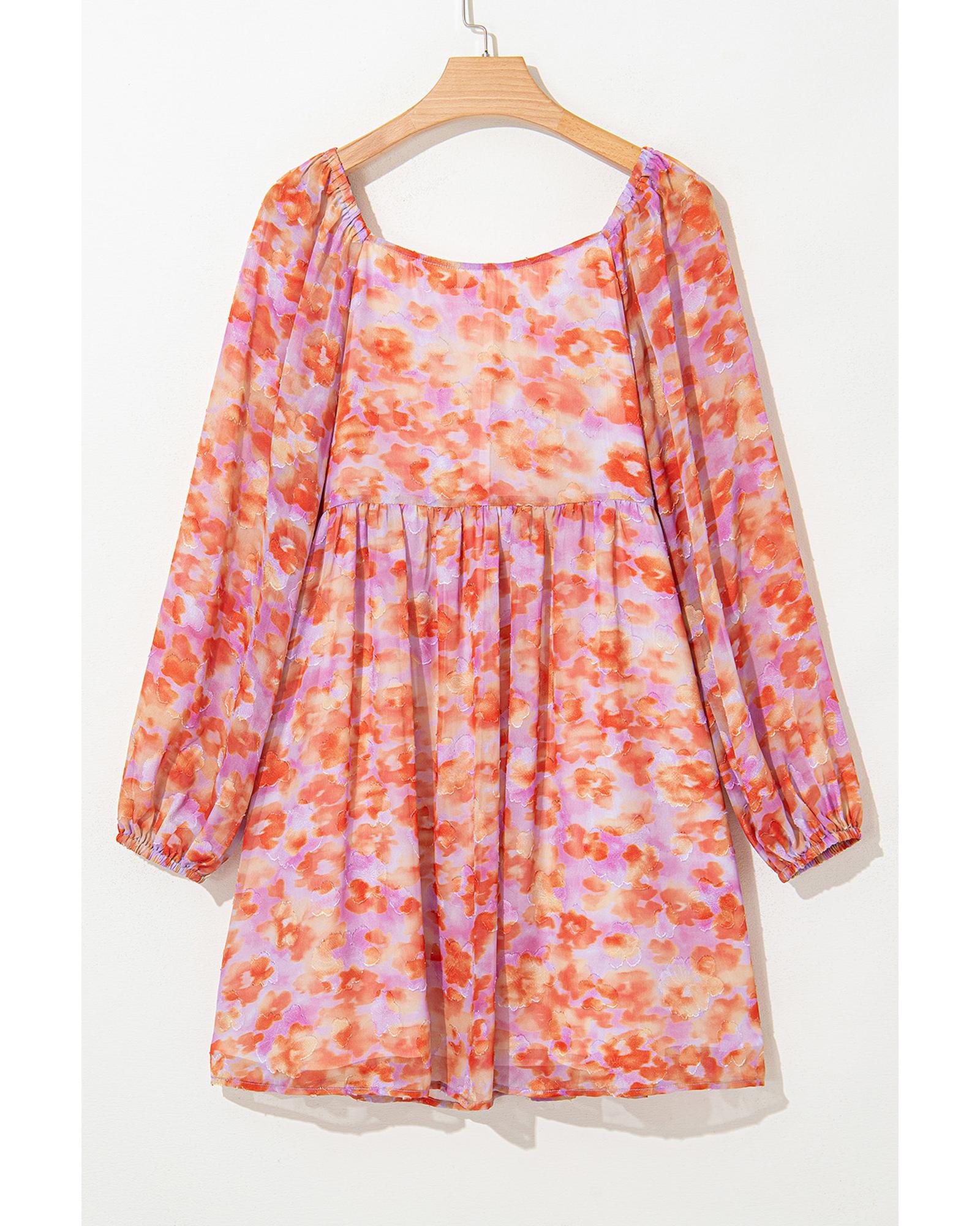 Rose Floral Print Square Neck High Waist Mini Dress - S