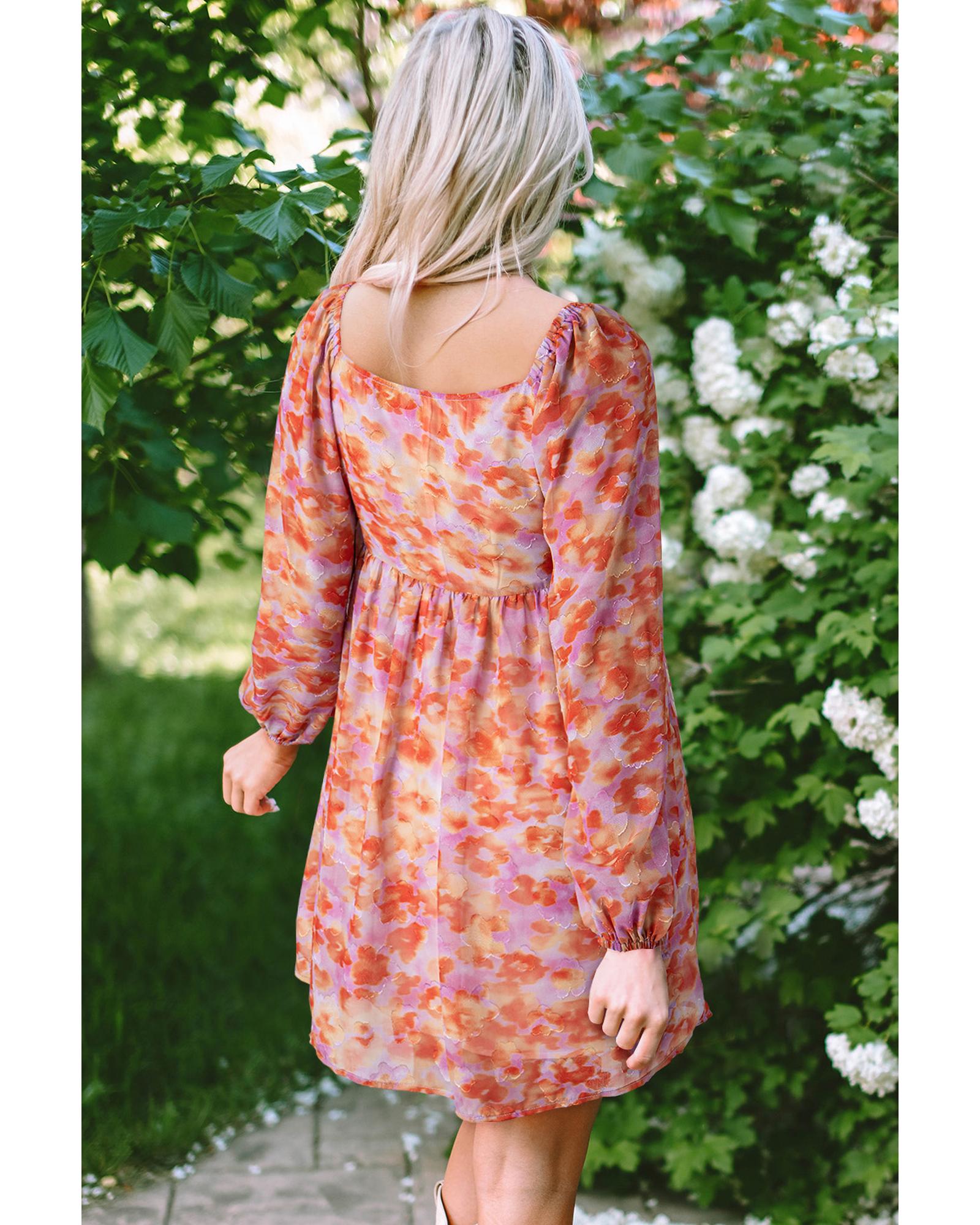 Rose Floral Print Square Neck High Waist Mini Dress - XL