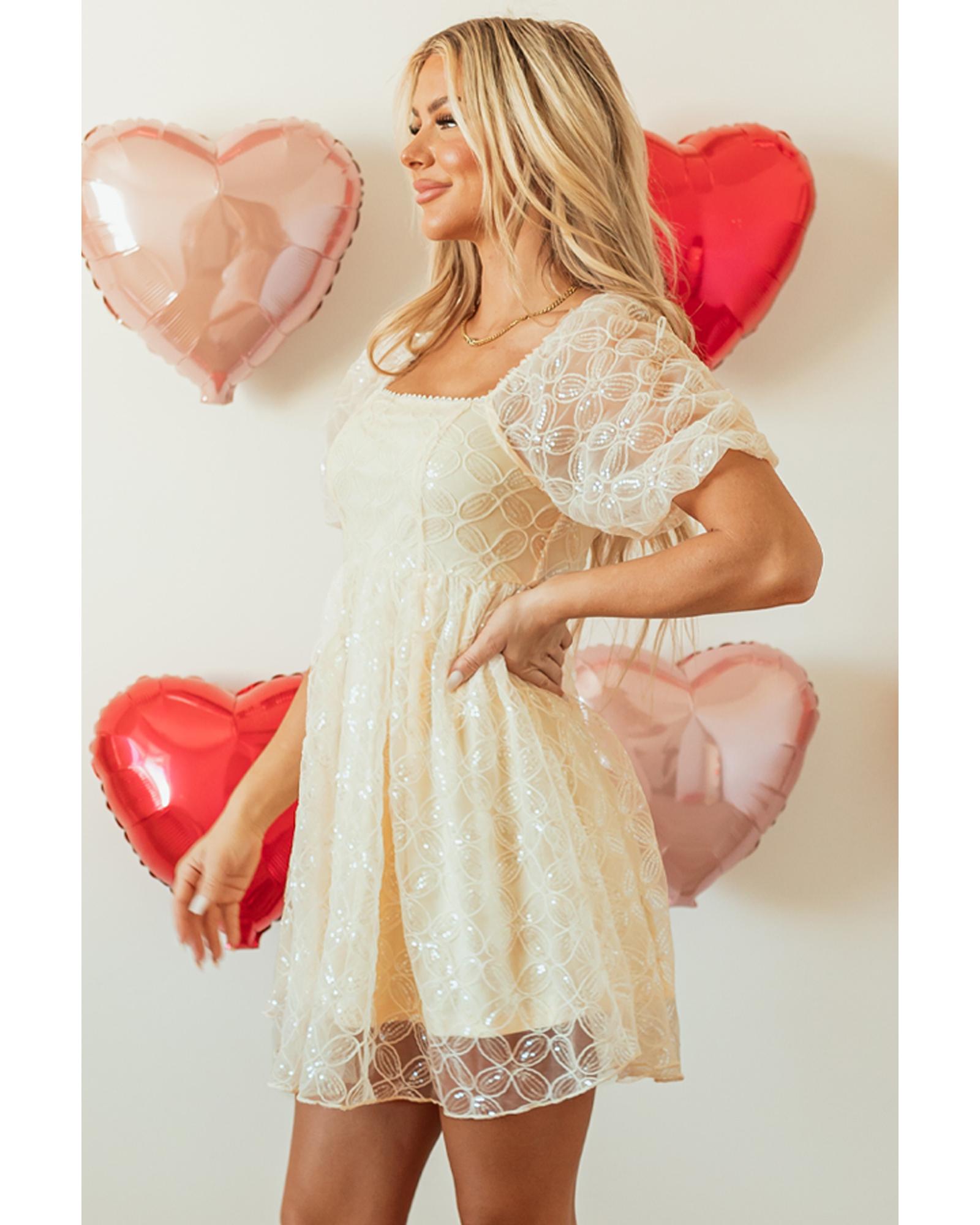 Apricot Sequined Lace Mesh Bubble Sleeve Square Neck Dress - S