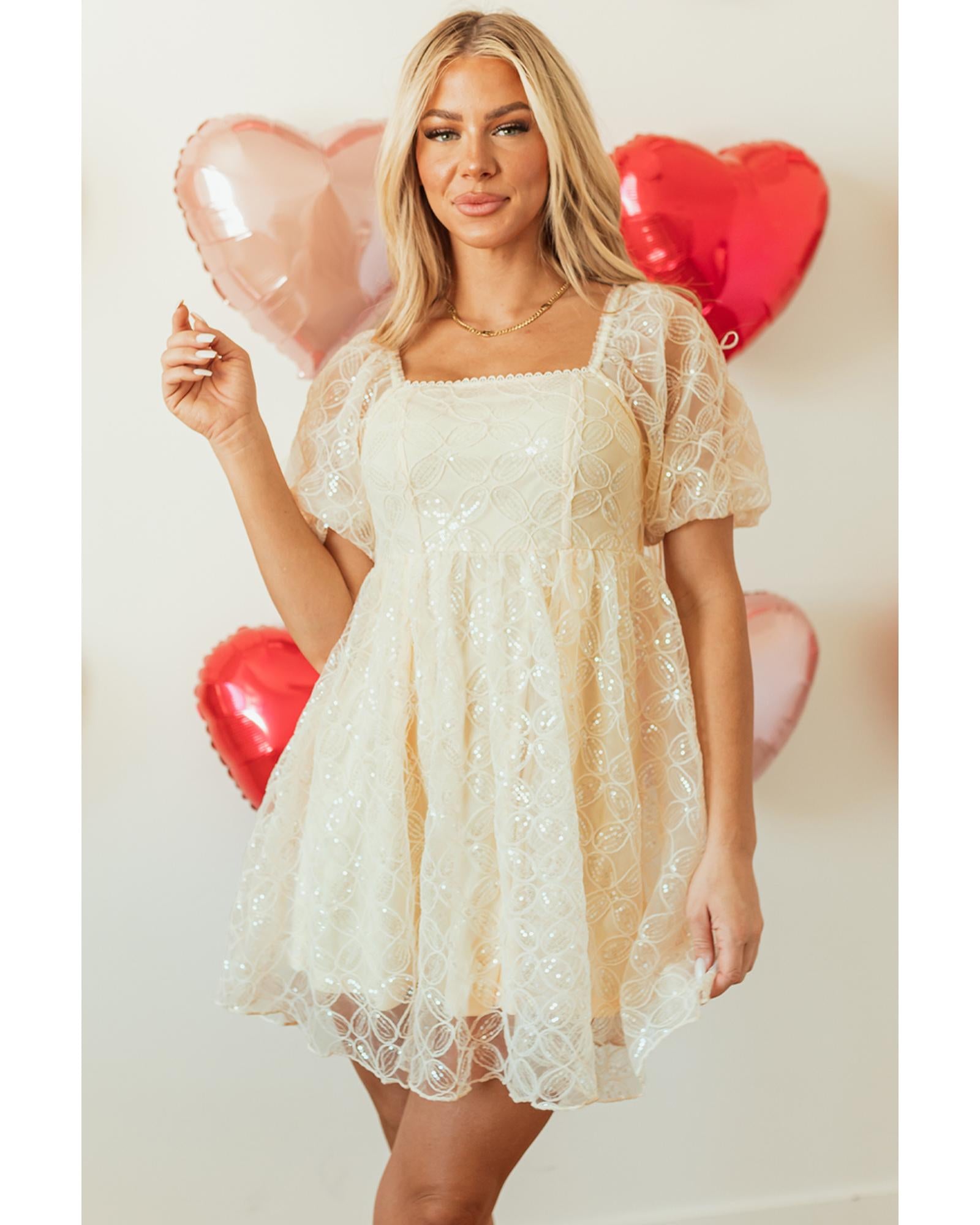 Apricot Sequined Lace Mesh Bubble Sleeve Square Neck Dress - S