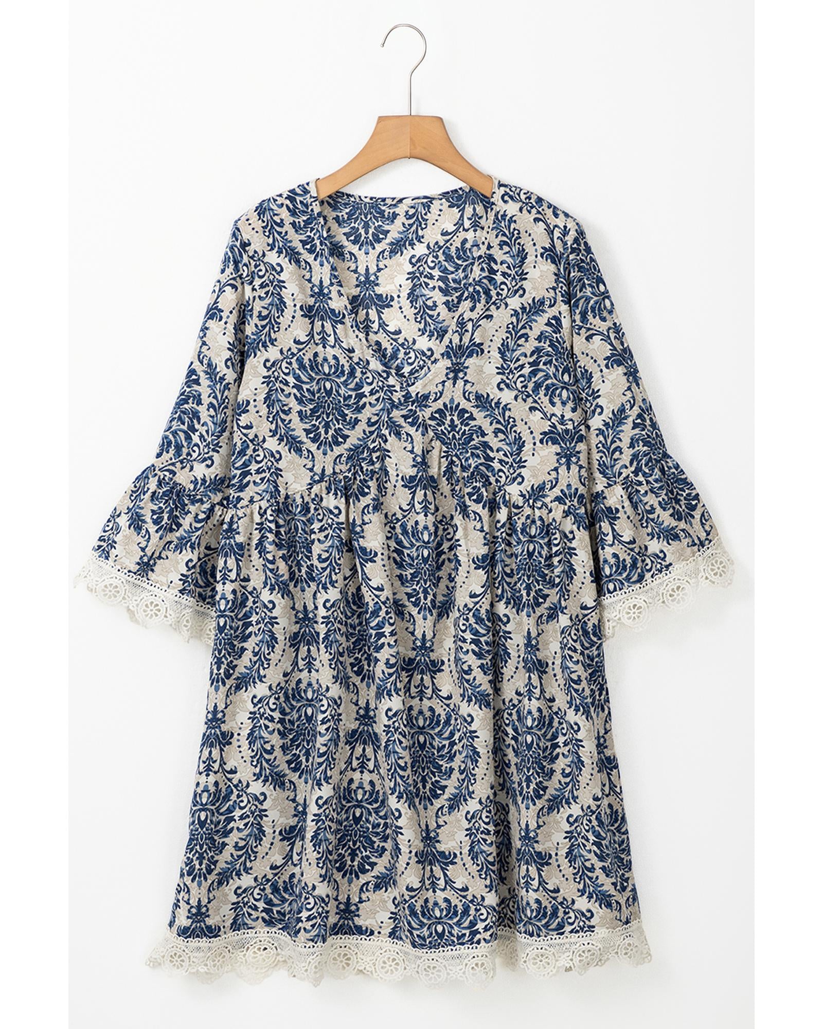 Sky Blue Vintage Printed Lace Trim V Neck 3/4 Sleeve Loose Dress - S