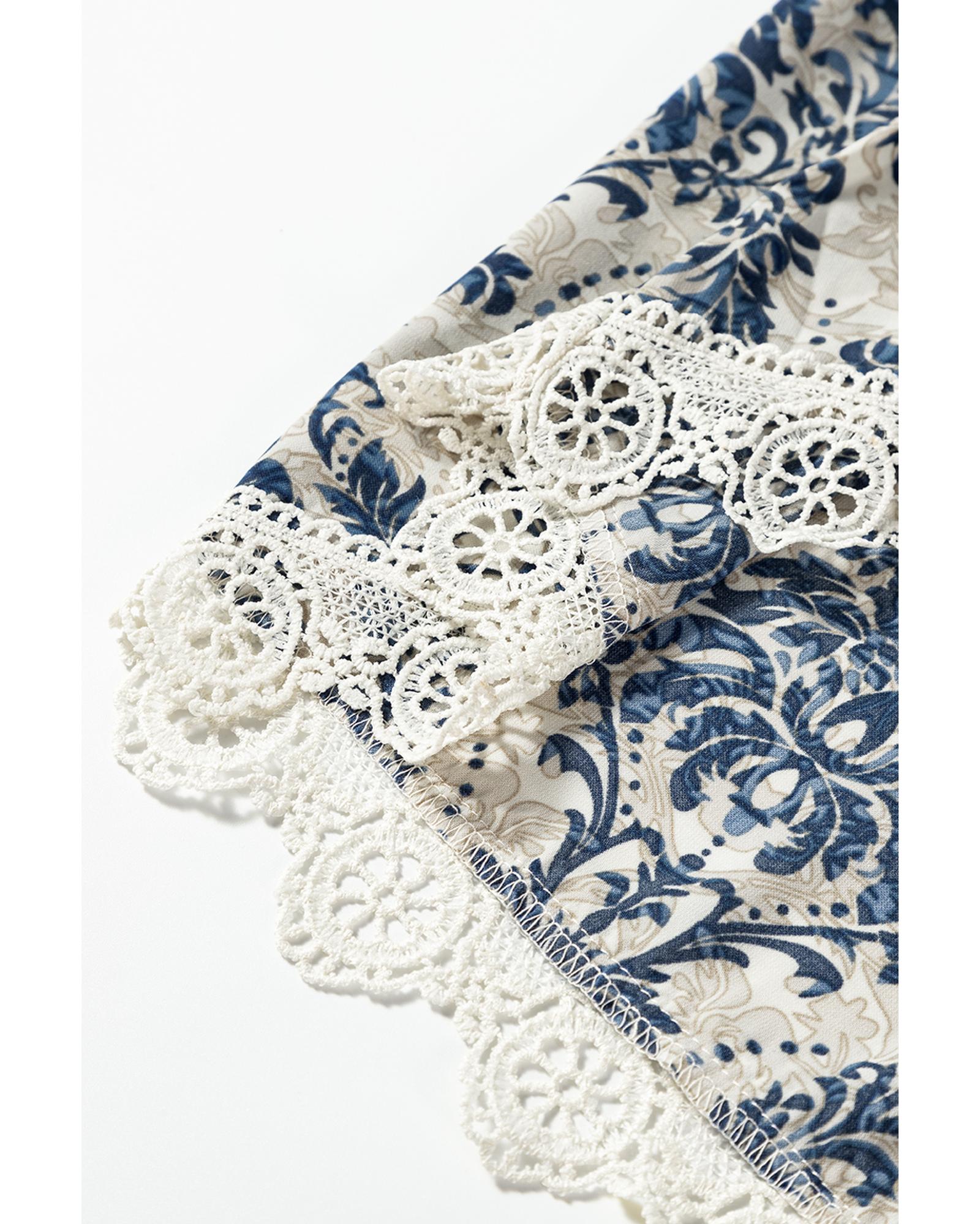 Sky Blue Vintage Printed Lace Trim V Neck 3/4 Sleeve Loose Dress - S