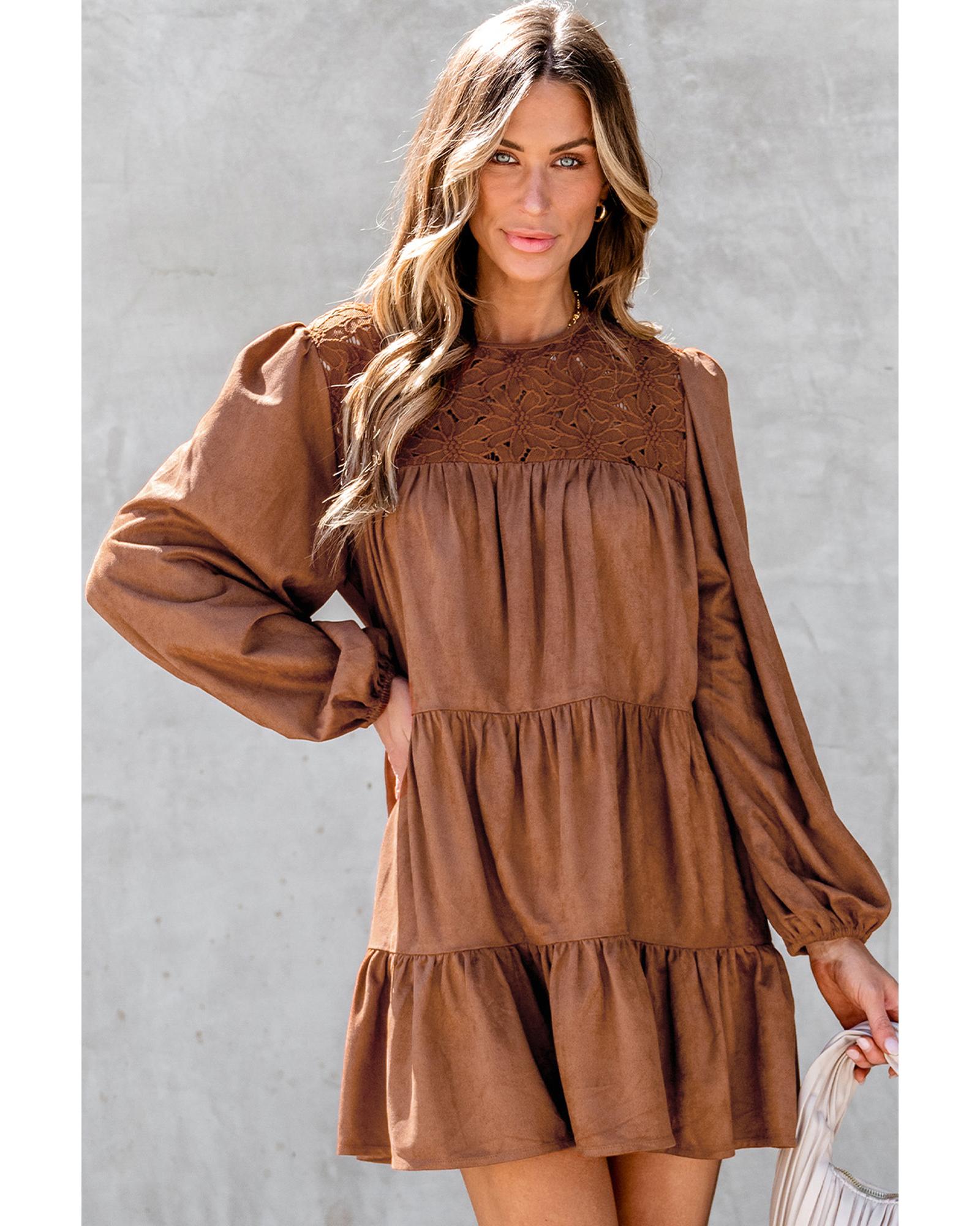 Chestnut Floral Lace Crochet Tiered Ruffled Mini Dress - S