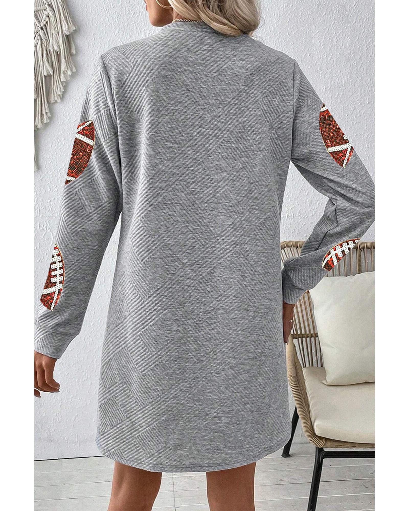 Gray Sequin Rugby Football Graphic Textured Long Sleeve Shift Mini Dress - XL