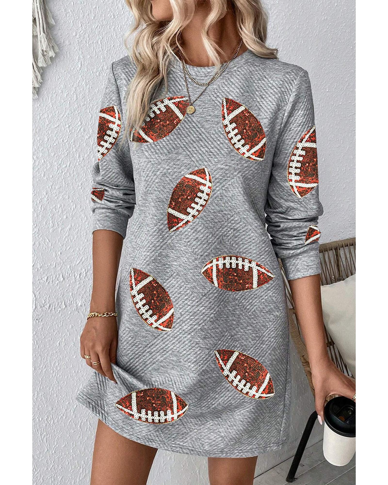 Gray Sequin Rugby Football Graphic Textured Long Sleeve Shift Mini Dress - XL