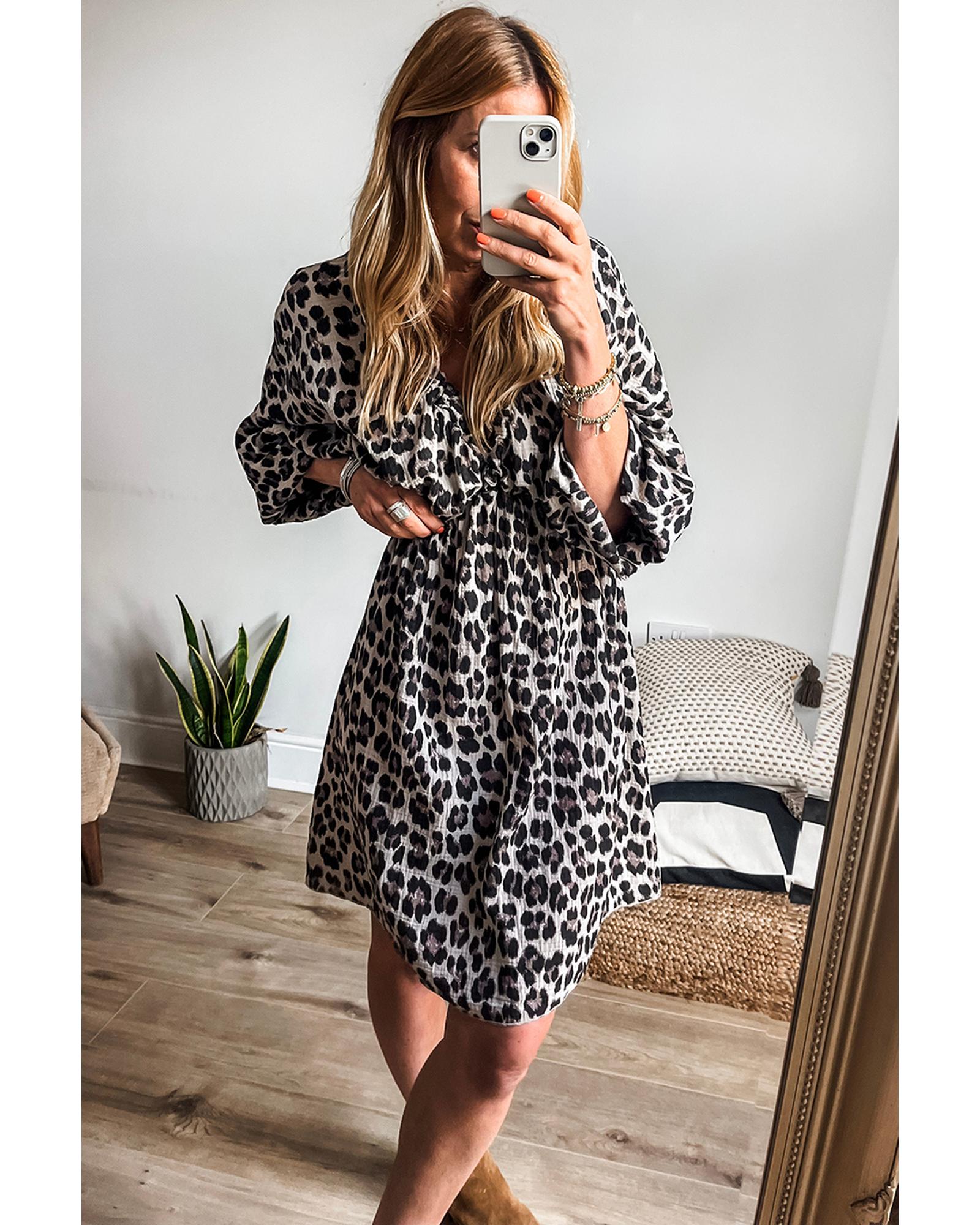 Black Leopard Print Elasticated V Neck 3/4 Puff Sleeve Dress - L
