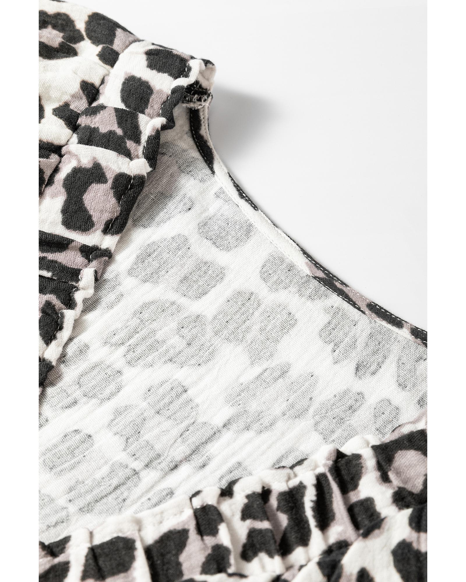 Black Leopard Print Elasticated V Neck 3/4 Puff Sleeve Dress - L