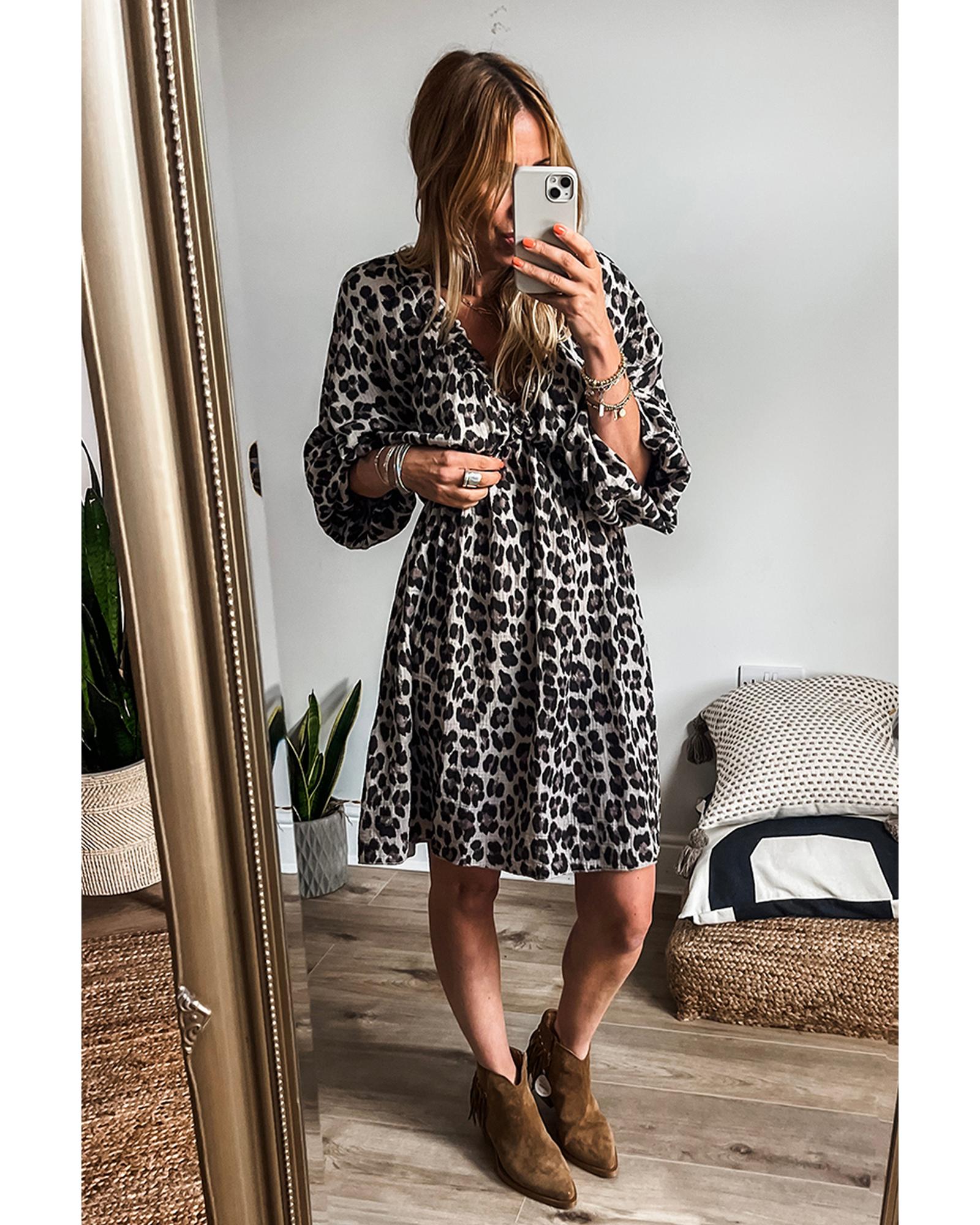 Black Leopard Print Elasticated V Neck 3/4 Puff Sleeve Dress - L