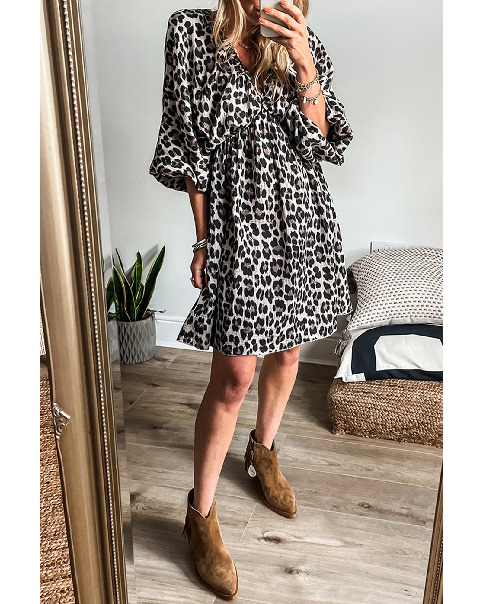 Black Leopard Print Elasticated V Neck 3/4 Puff Sleeve Dress - M