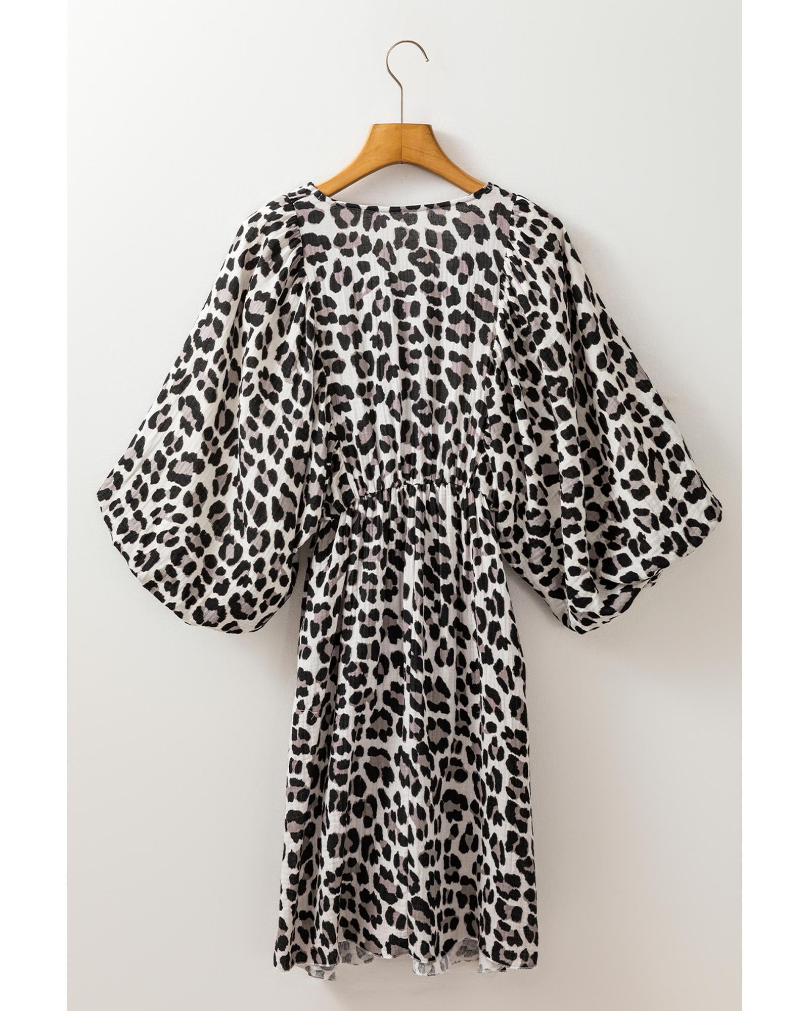 Black Leopard Print Elasticated V Neck 3/4 Puff Sleeve Dress - XL