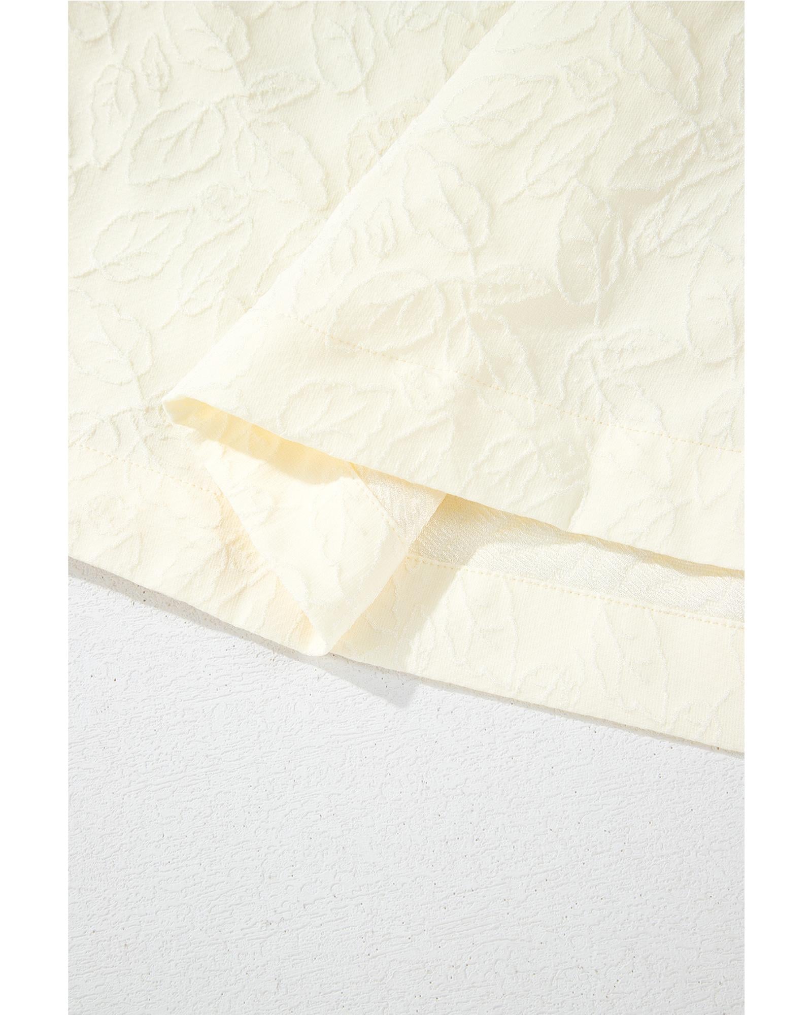 White Floral Textured Bubble Sleeve Frilled Notched Neck Dress - XL