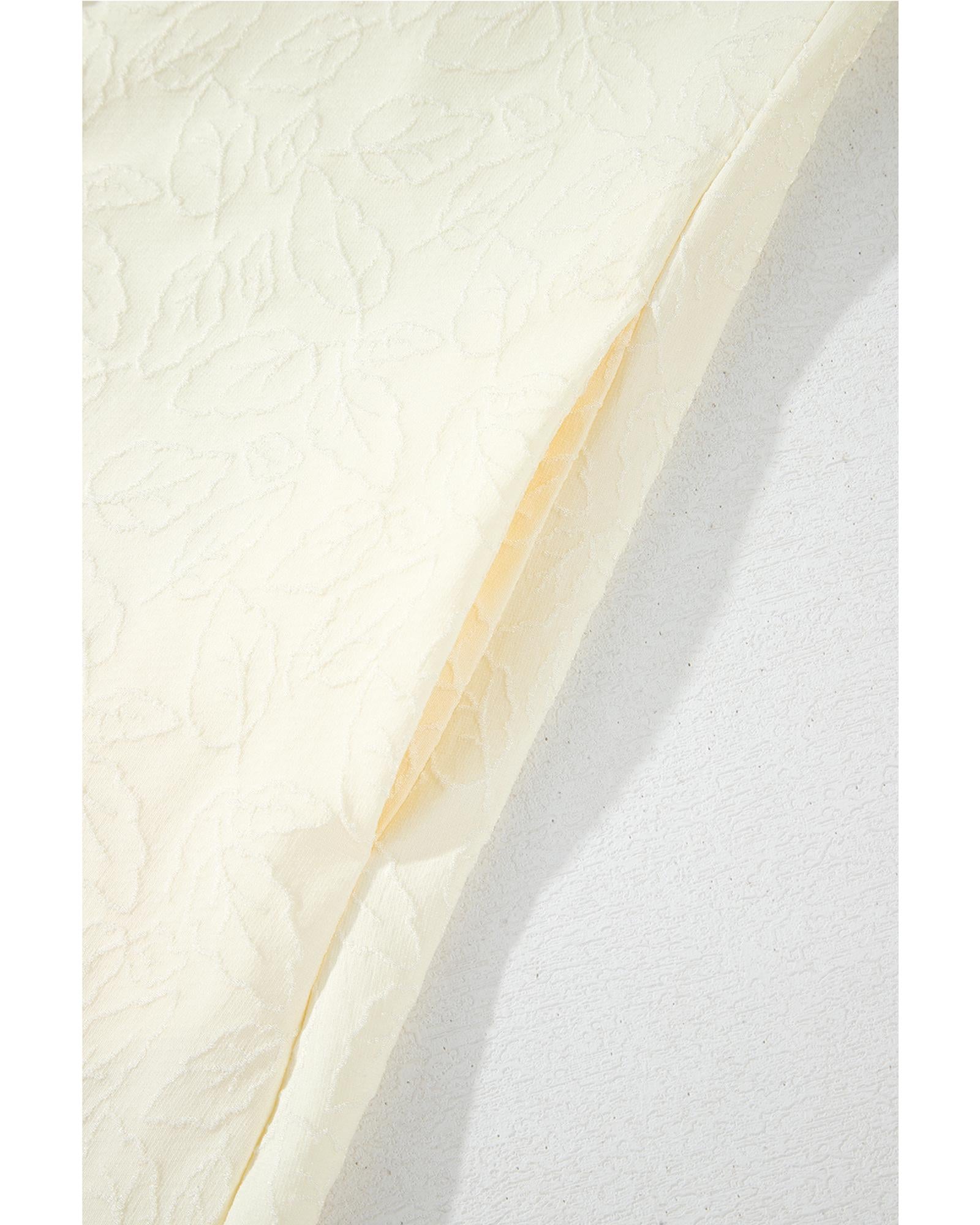 White Floral Textured Bubble Sleeve Frilled Notched Neck Dress - XL