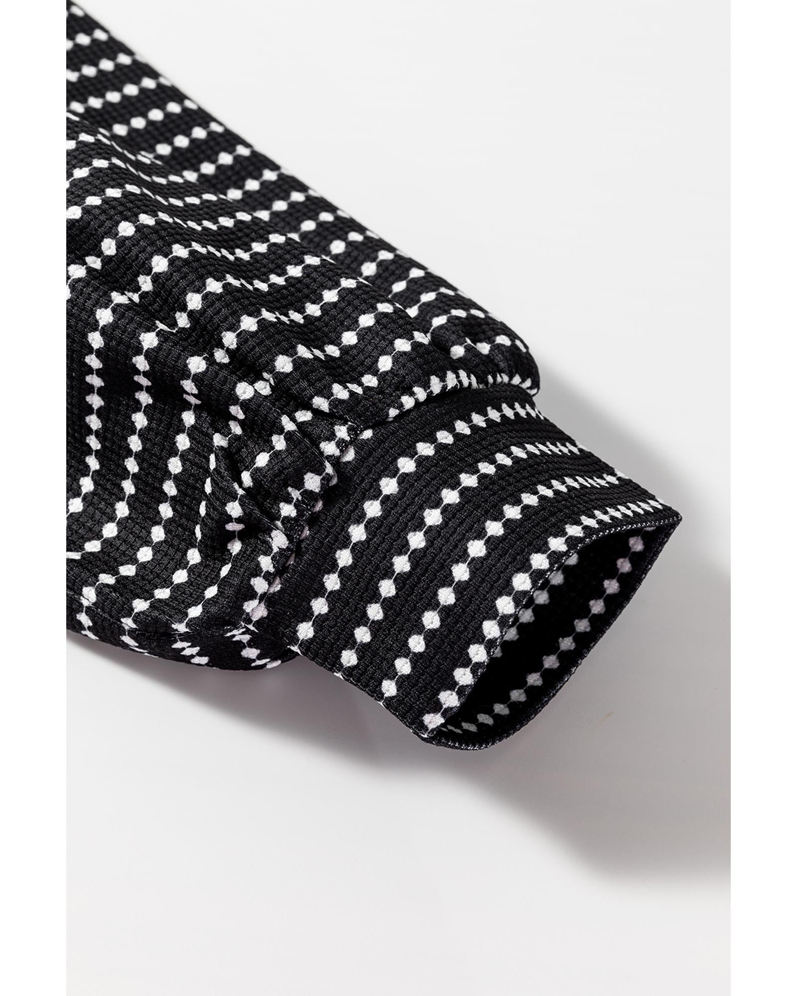 Black Striped V Neck Long Puff Sleeve Shift Dress - M