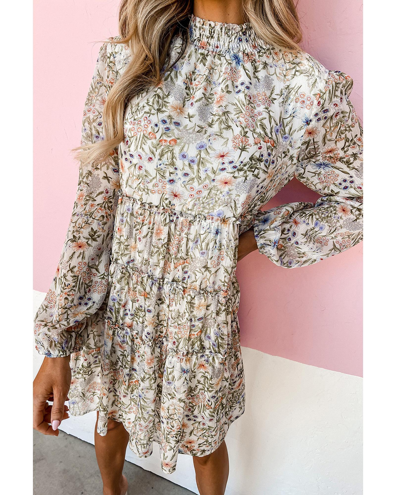 Green Floral Print Tiered Frilled Shirred Mock Neck Mini Dress - XL