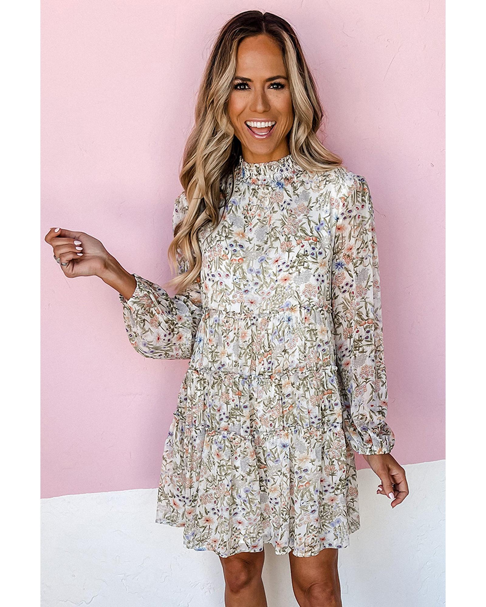 Green Floral Print Tiered Frilled Shirred Mock Neck Mini Dress - XL