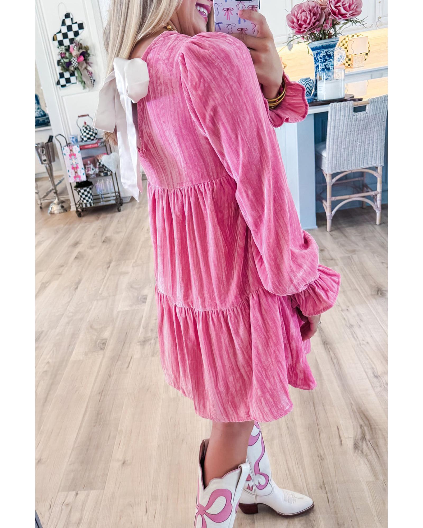 Strawberry Pink Flounce Sleeve Tiered Ruffled Velvet Mini Dress - S