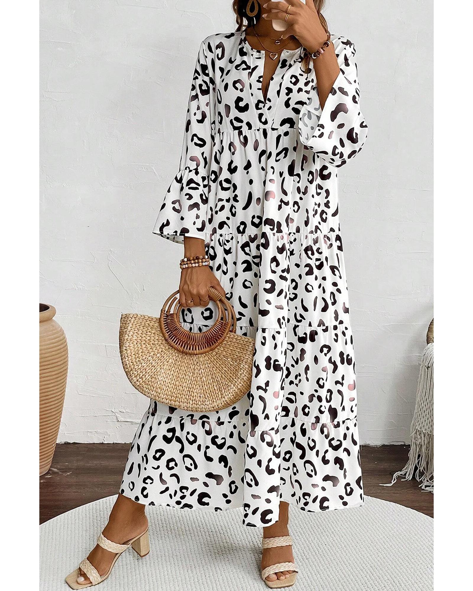 White Leopard Print Notch V Neck Loose Fit Maxi Dress - S