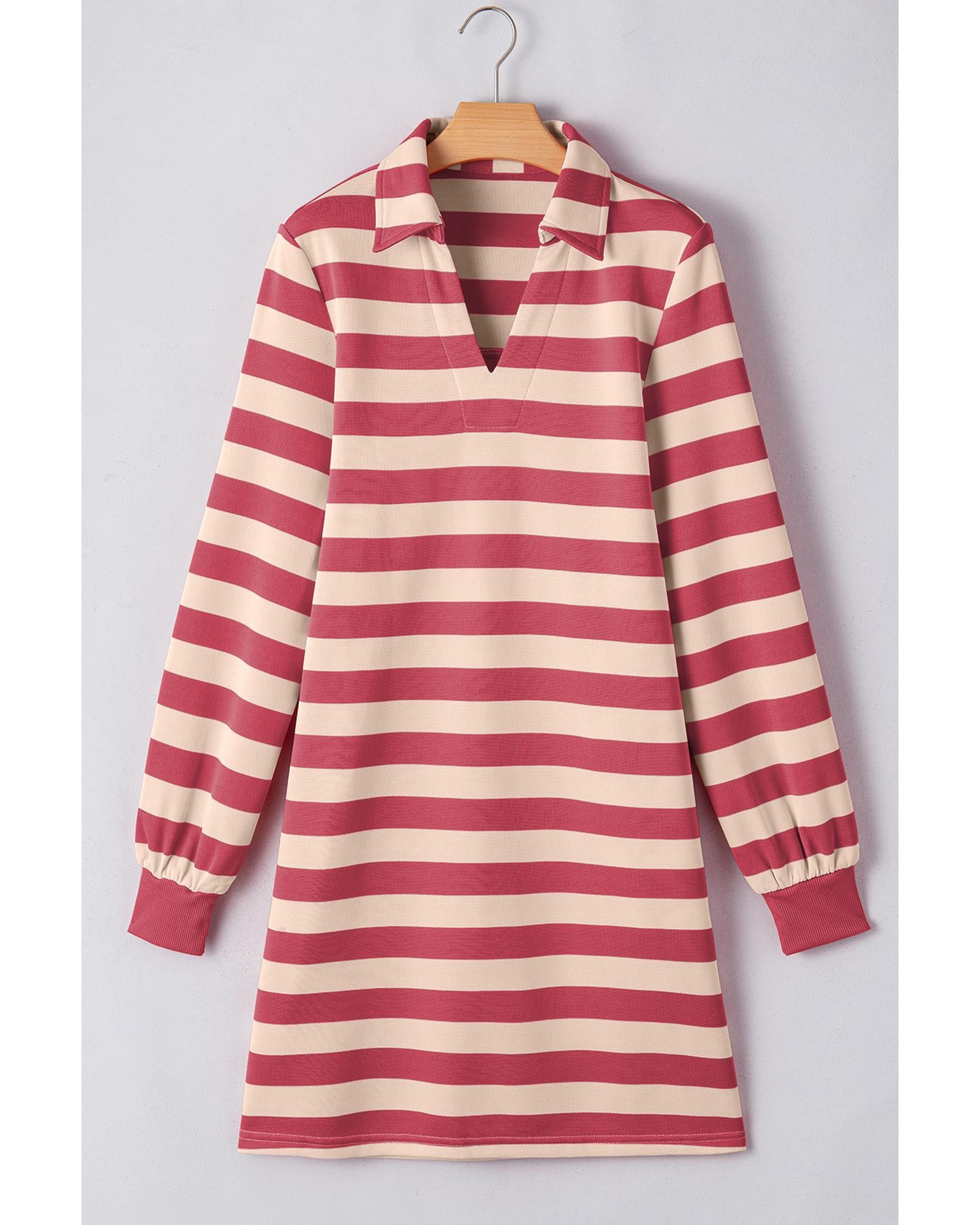 Pink Stripe Collared V Neck Long Sleeve Loose Casual Dress - M