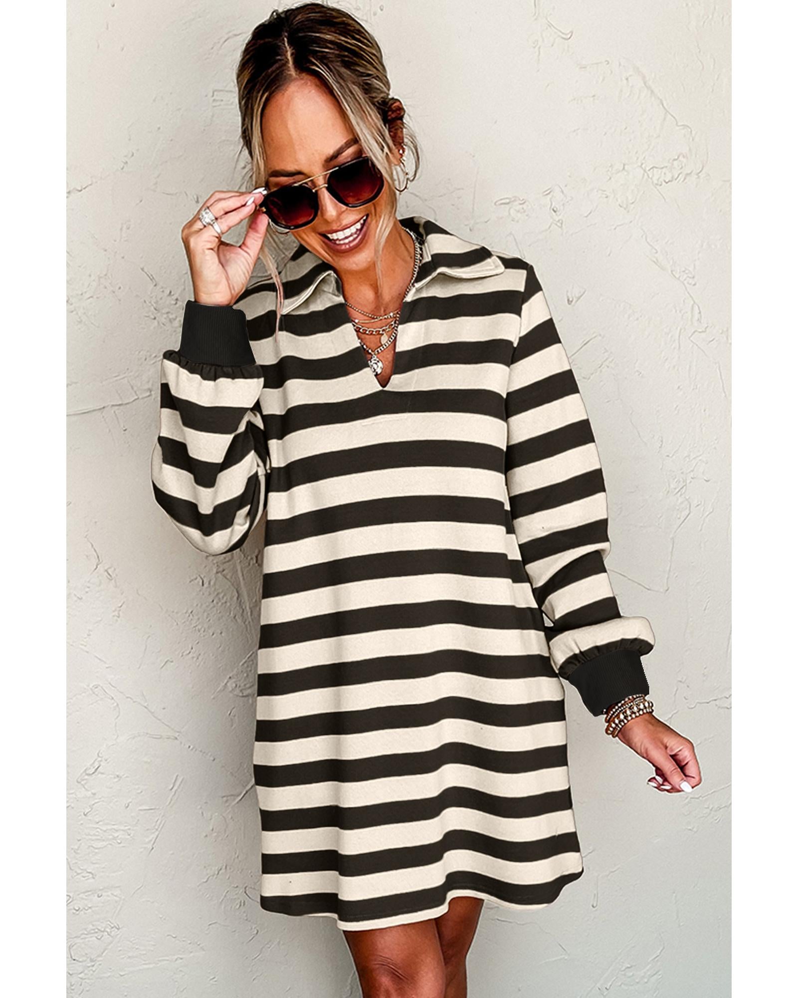 Black Stripe Collared V Neck Long Sleeve Loose Casual Dress - S
