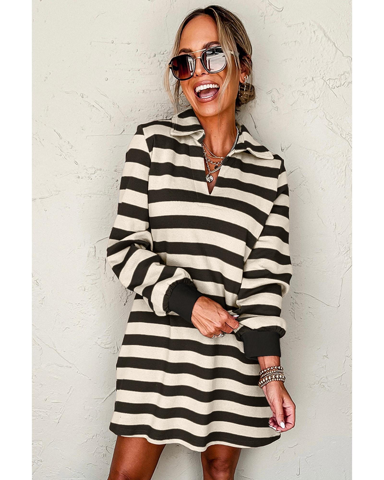 Black Stripe Collared V Neck Long Sleeve Loose Casual Dress - S