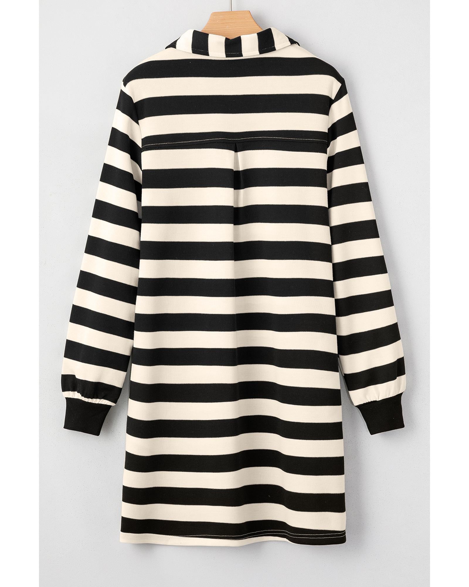 Black Stripe Collared V Neck Long Sleeve Loose Casual Dress - S