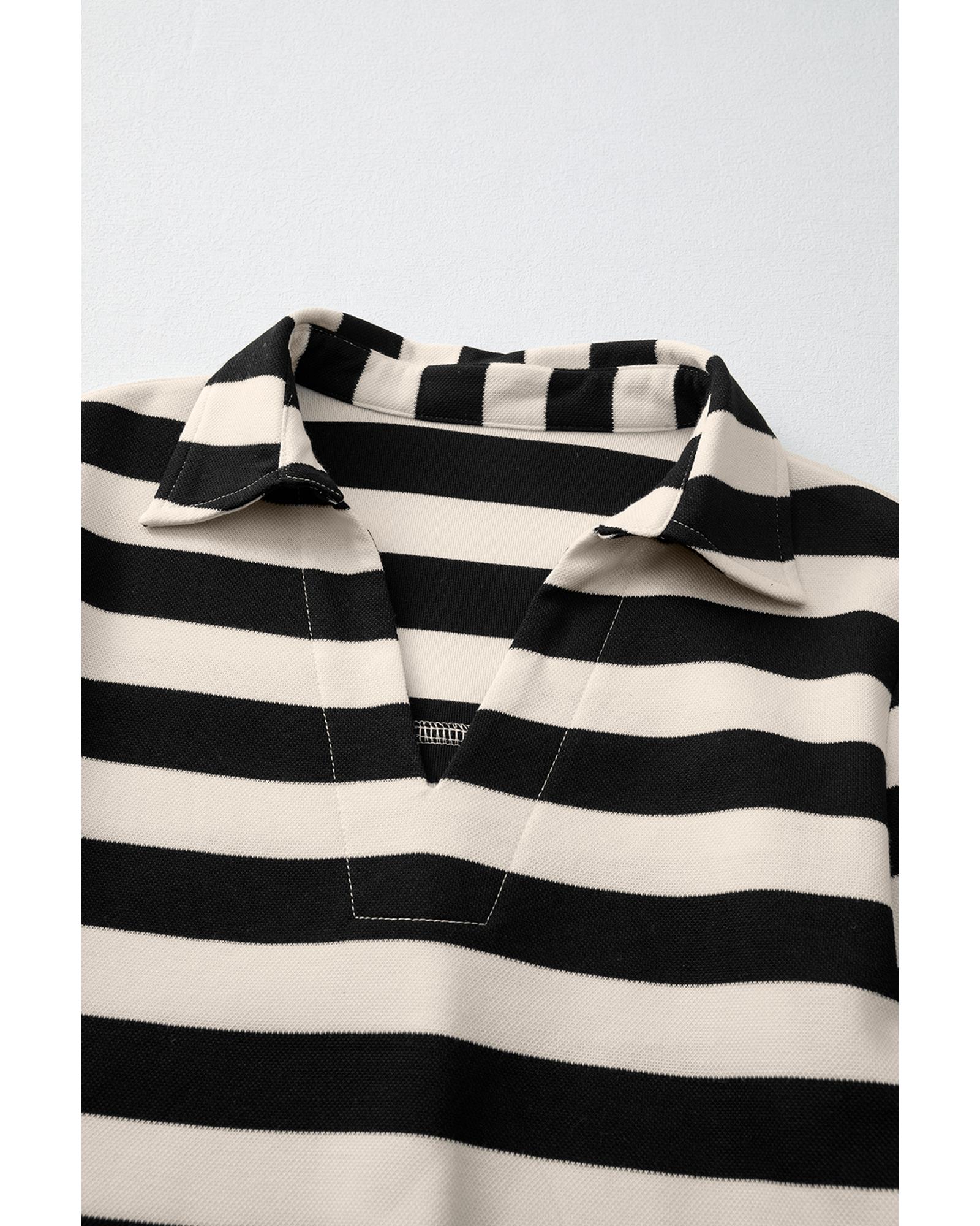 Black Stripe Collared V Neck Long Sleeve Loose Casual Dress - S