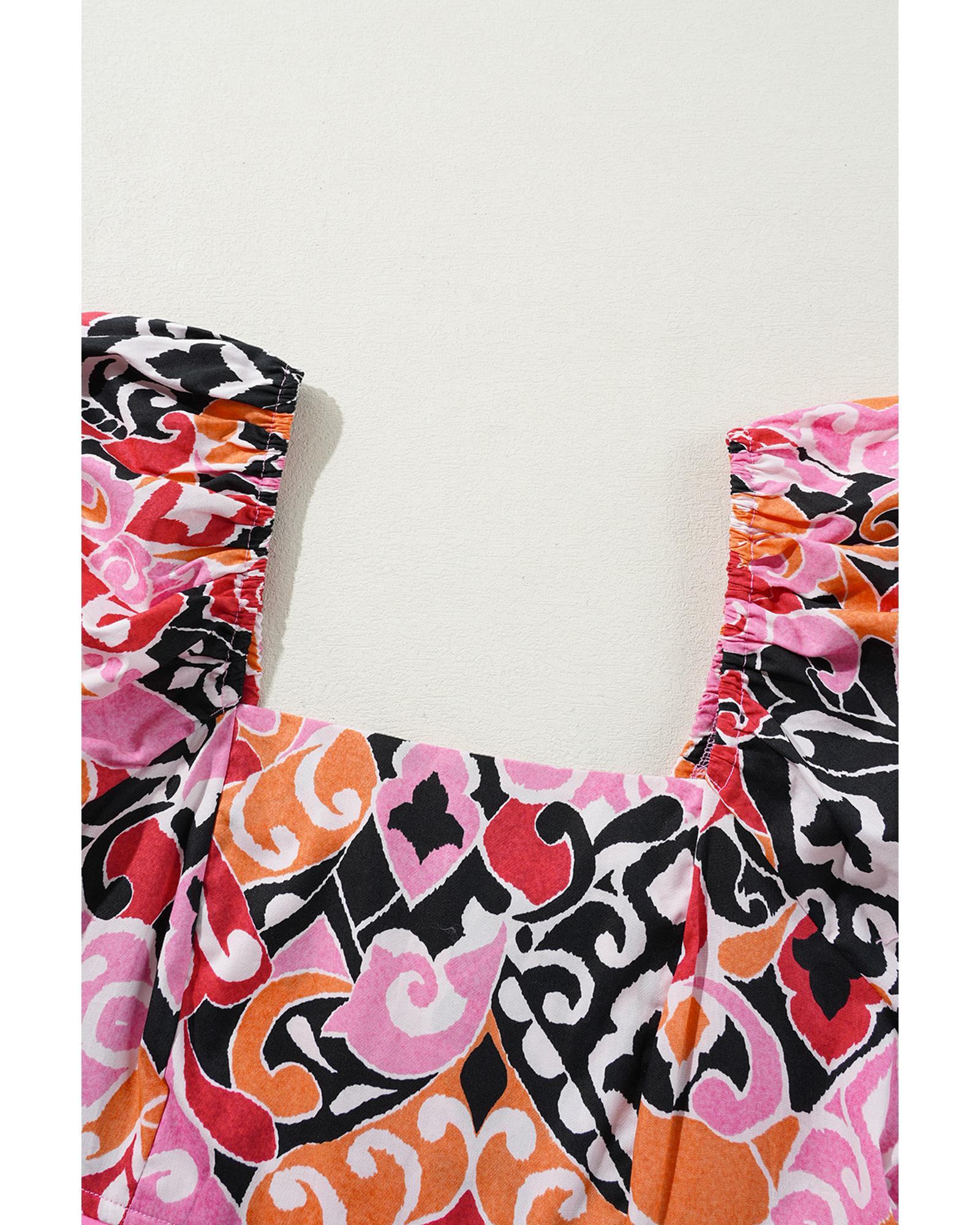 Pink Bohemian Square Neck Puff Sleeve Mini Dress - XL