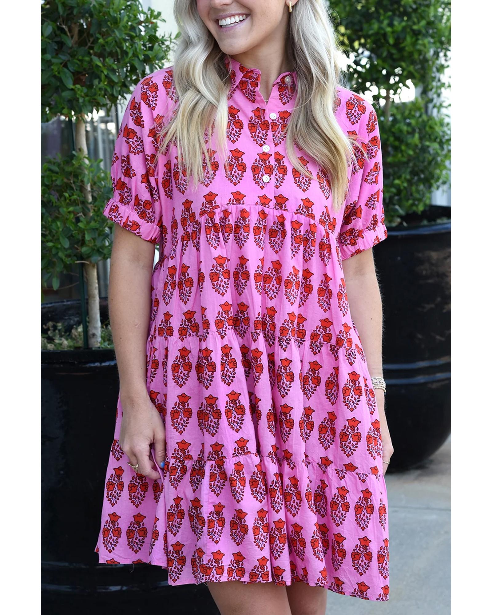 Sachet Pink Floral Print Multi Buttons Collared Short Sleeve Flowy Dress - L