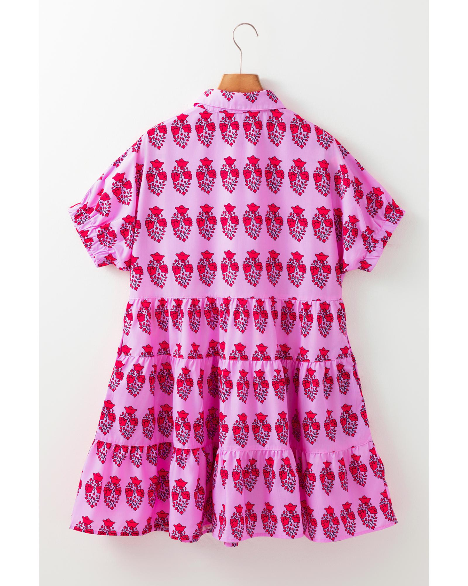 Sachet Pink Floral Print Multi Buttons Collared Short Sleeve Flowy Dress - L