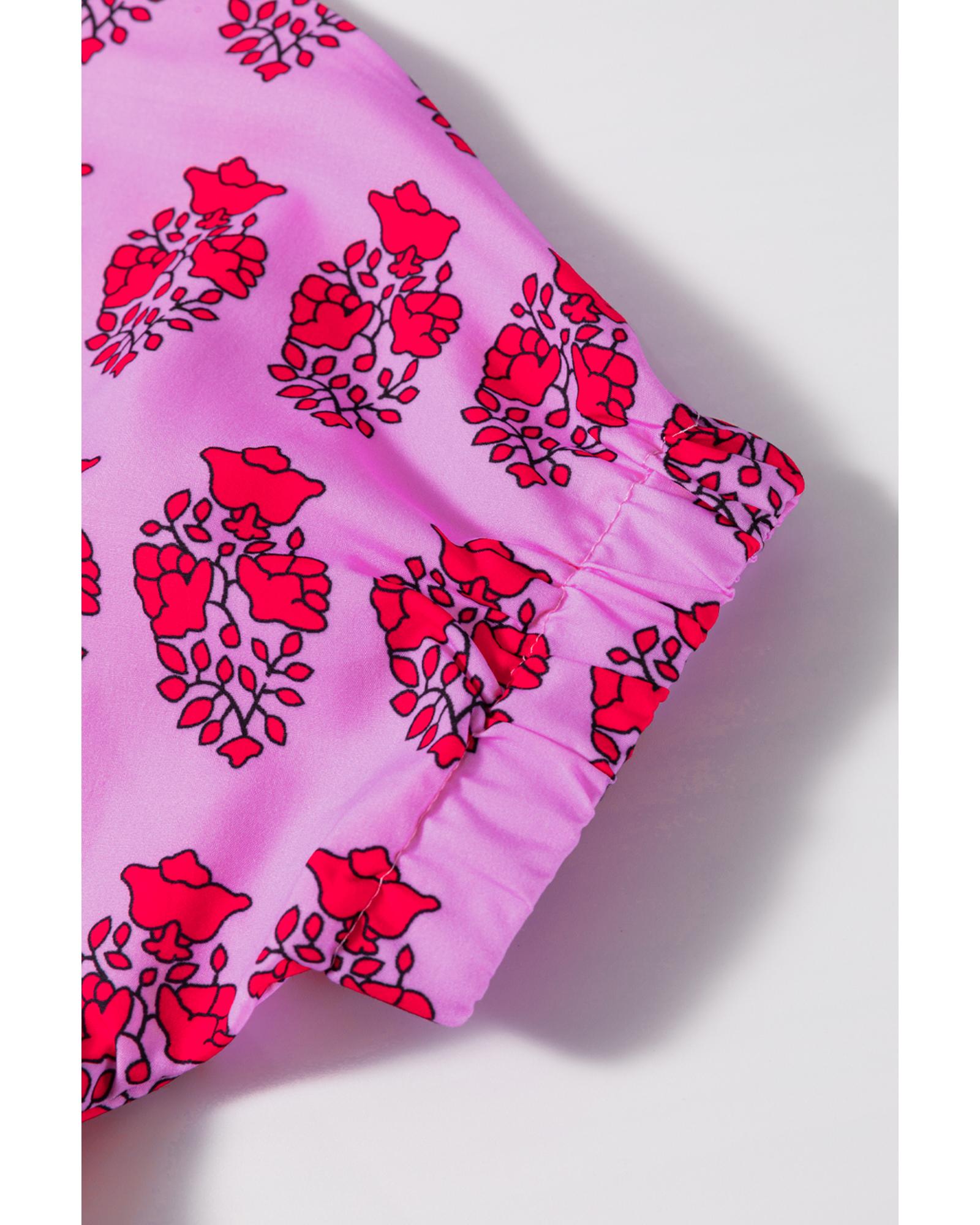 Sachet Pink Floral Print Multi Buttons Collared Short Sleeve Flowy Dress - M