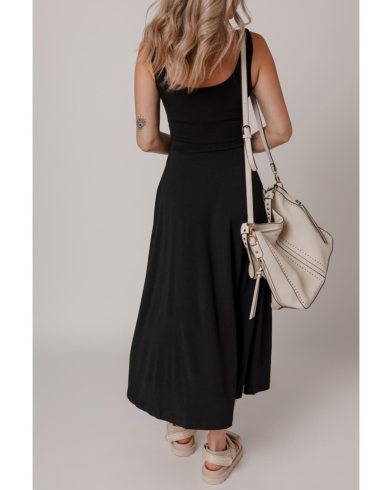 Black Sleeveless Scoop Neck Flared Split Midi Dress - L