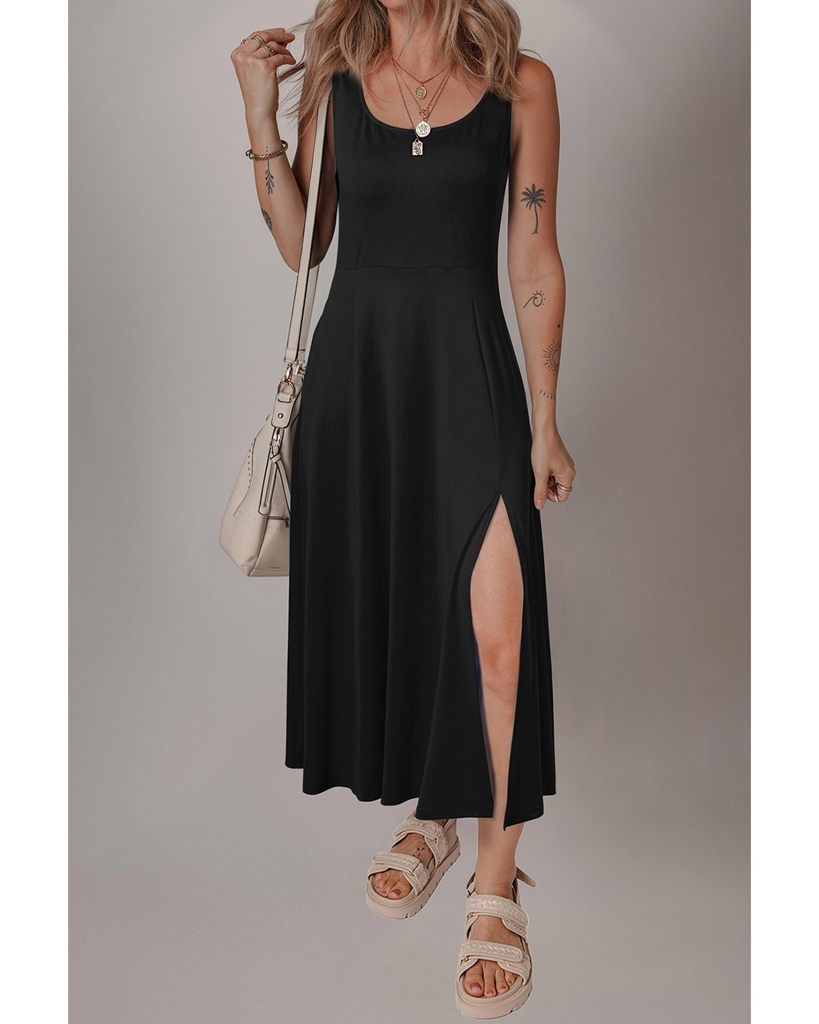Black Sleeveless Scoop Neck Flared Split Midi Dress - L