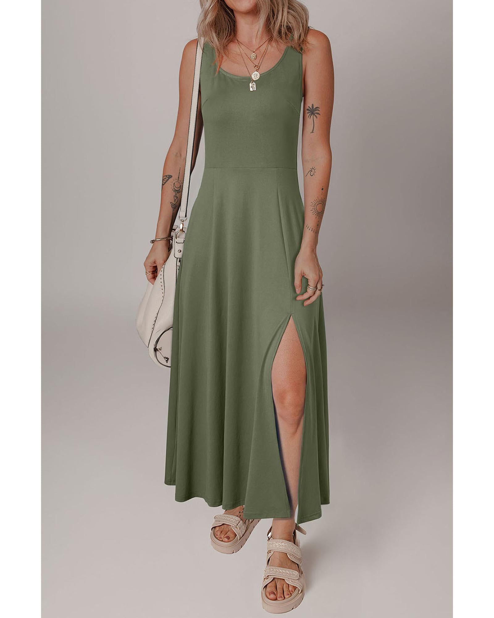 Four Leaf Clover Sleeveless Scoop Neck Flared Split Midi Dress - L