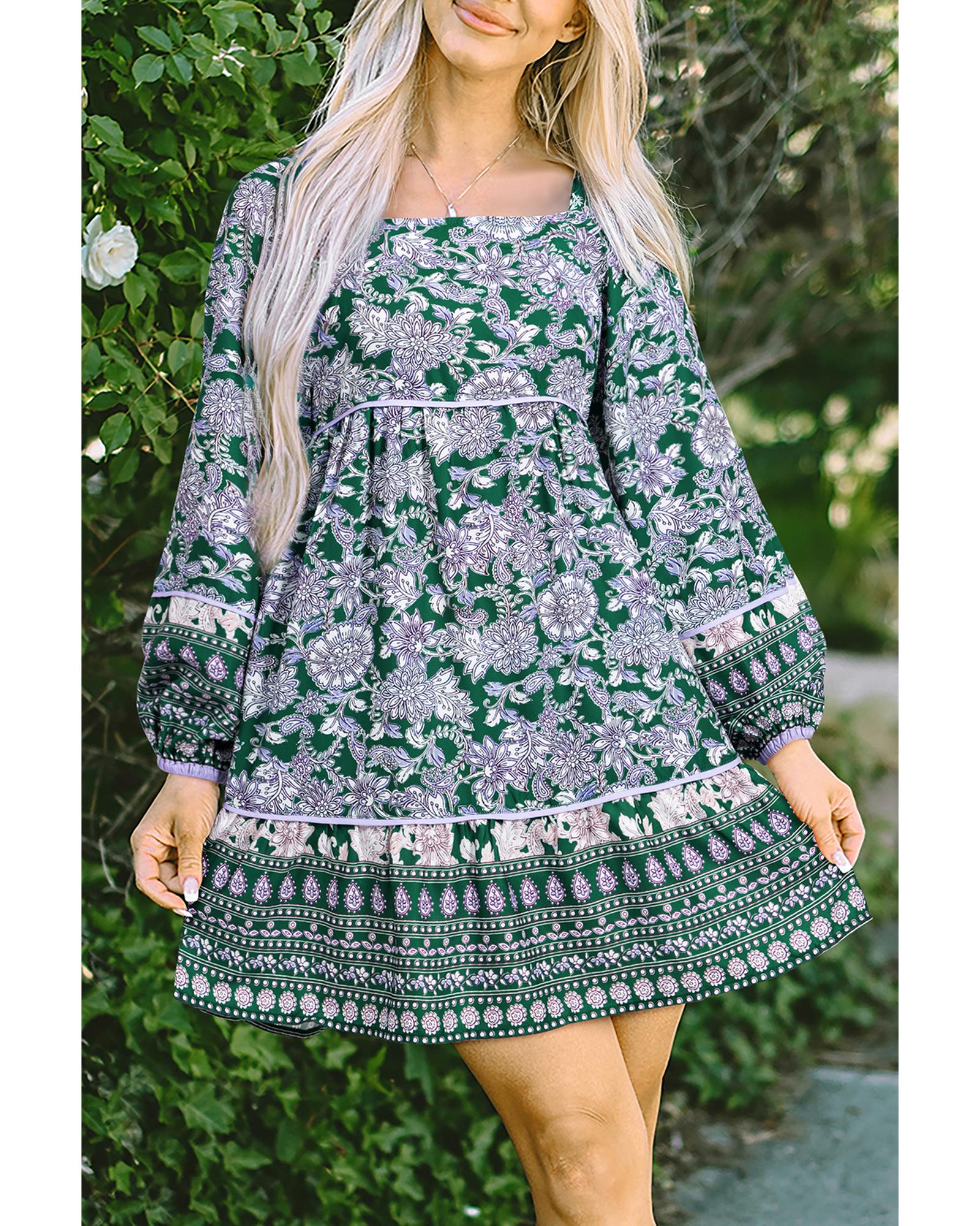 Green Floral Print Piping Trim Bubble Sleeve Square Neck Dress - S