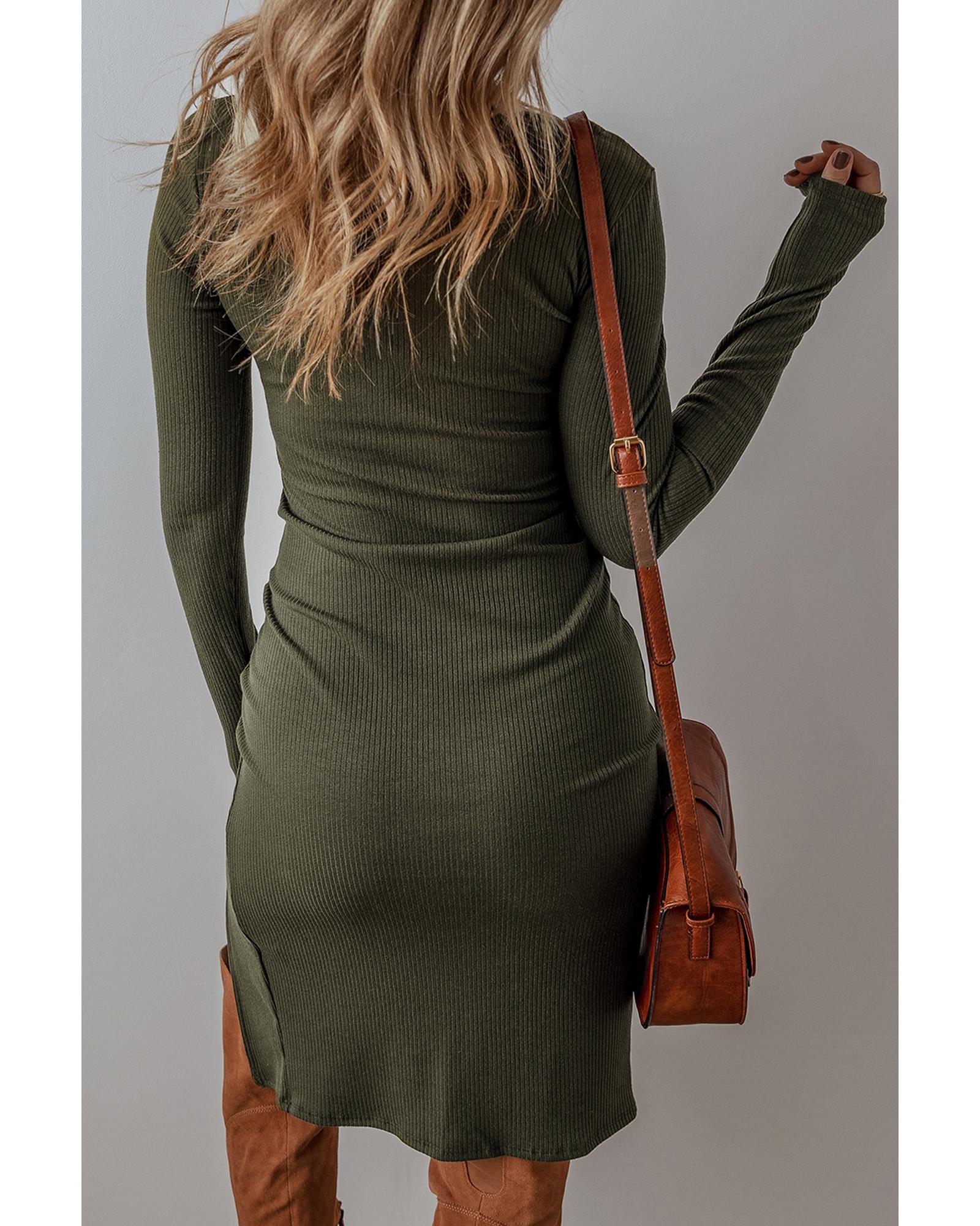 Jungle Green Ribbed Side Slit Ruched Slim Fit Long Sleeve Mini Dress - M