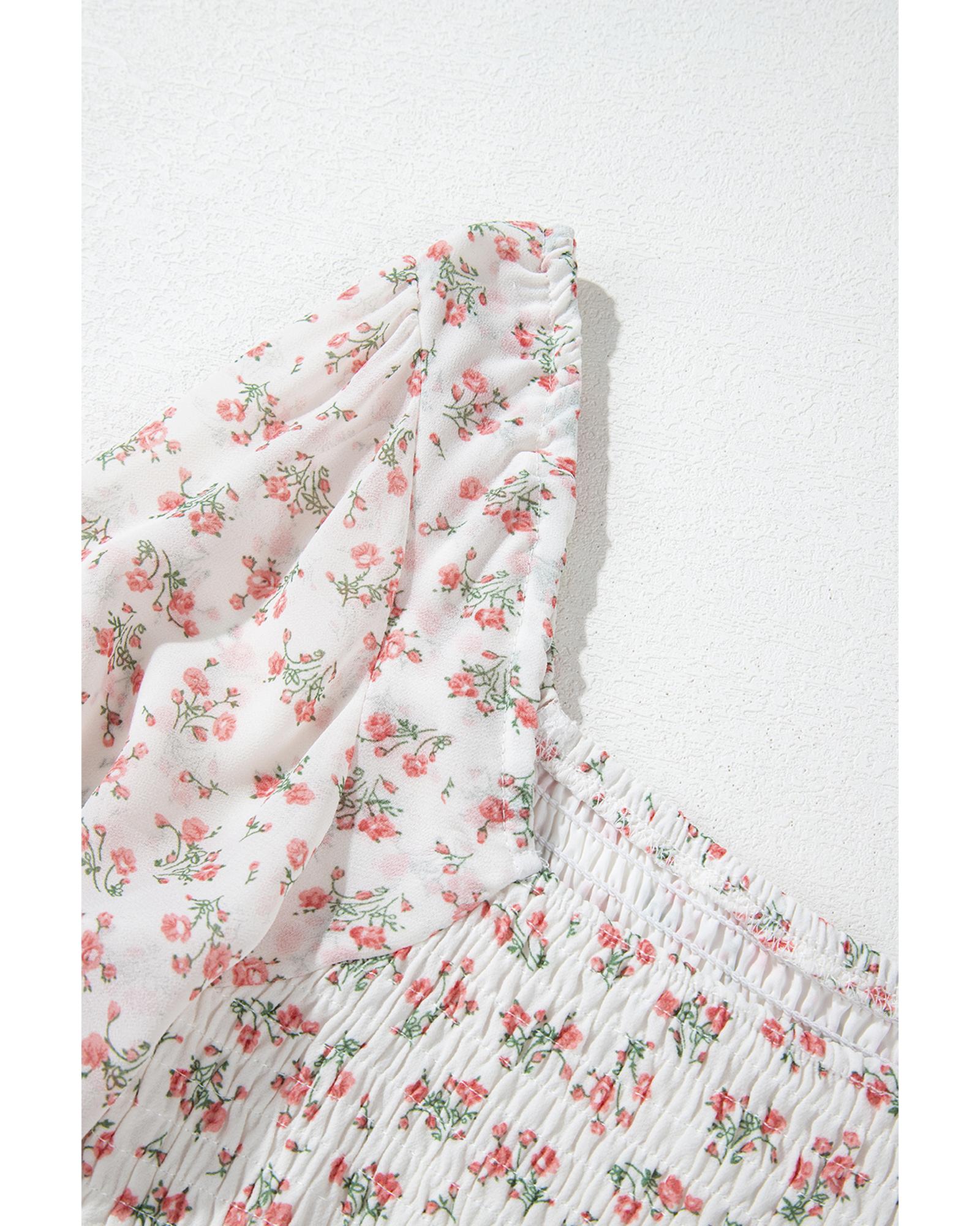 White Floral Print Shirred Ruffled Hem Square Neck Midi Dress - L