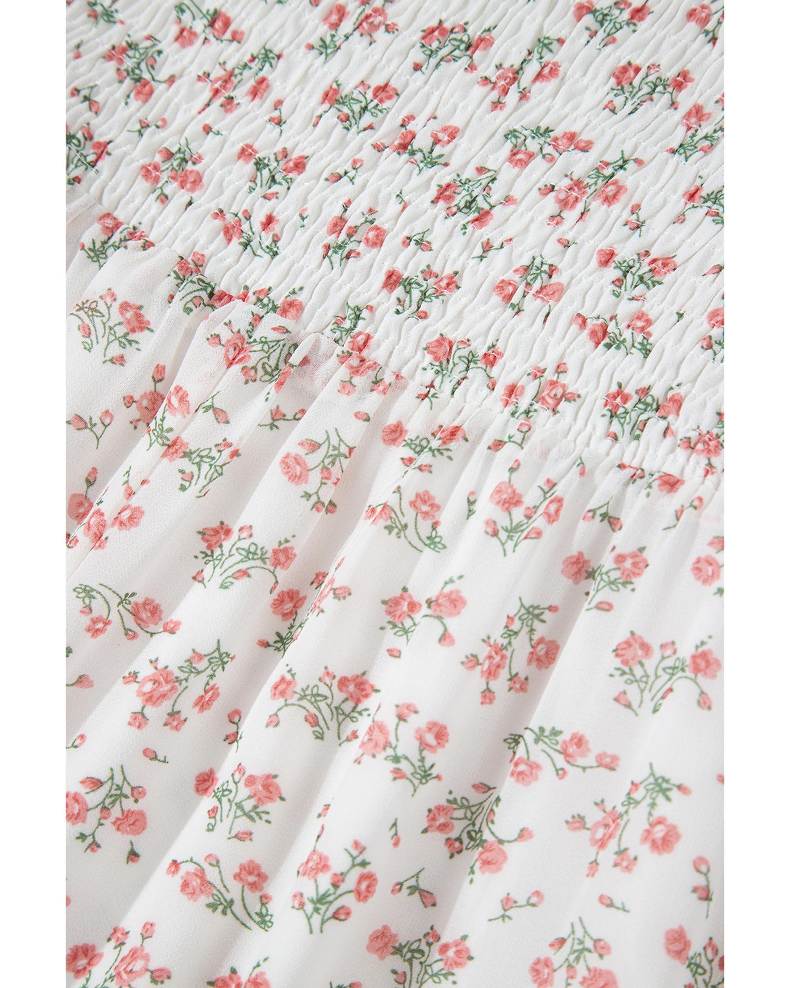 White Floral Print Shirred Ruffled Hem Square Neck Midi Dress - L